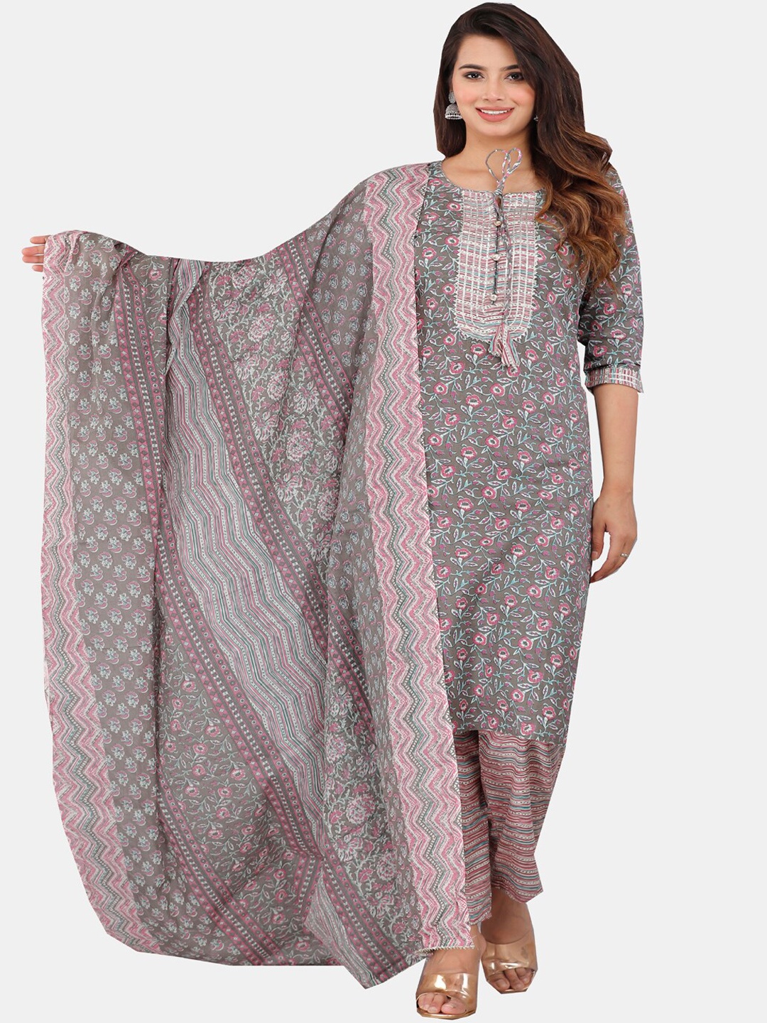 

KALINI Floral Printed Pure Cotton Kurta with Trousers & Dupatta, Grey