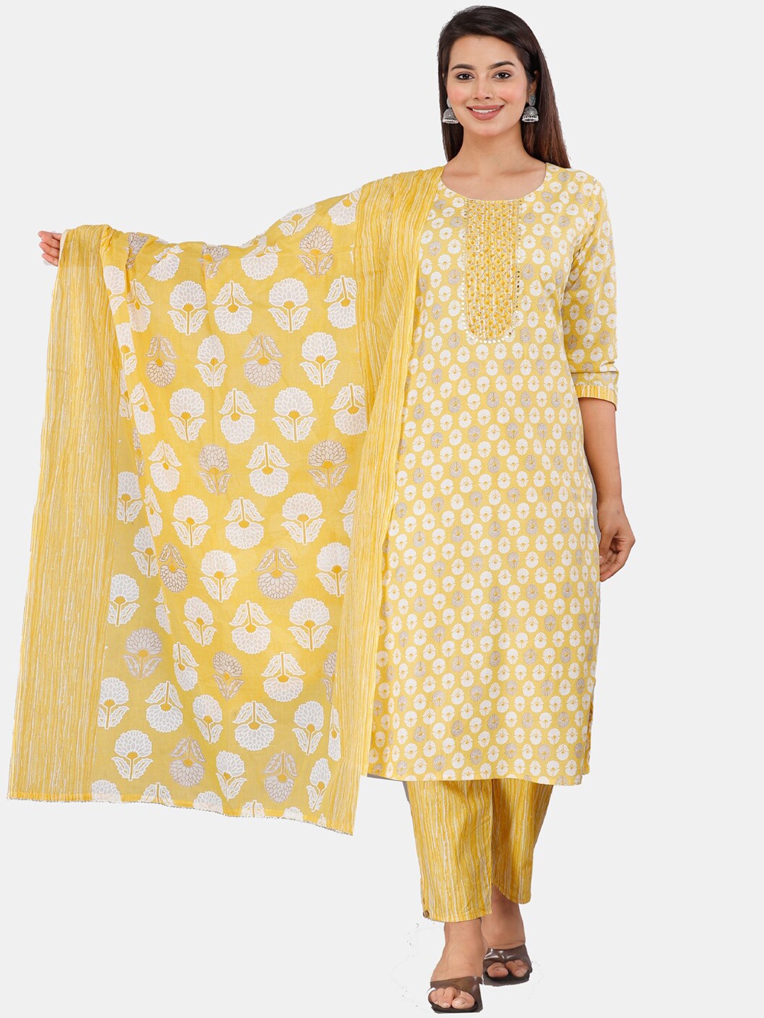 

KALINI Women Floral Printed Regular Mirror Work Pure Cotton Kurta With Trousers & Dupatta, Yellow