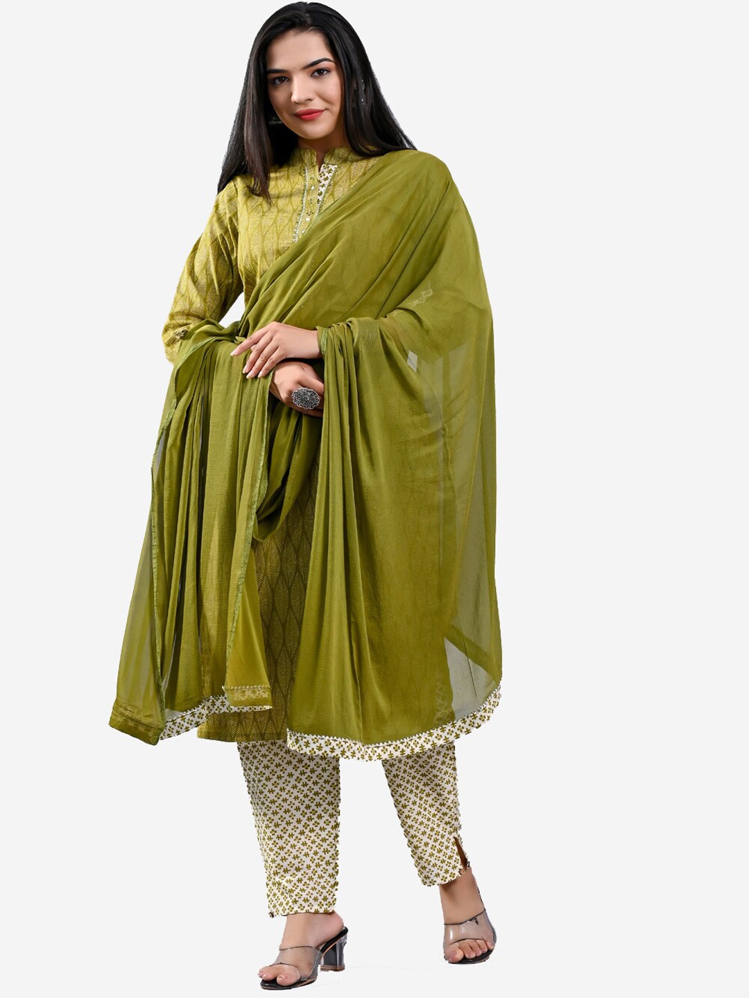 

KALINI Women Printed Regular Gotta Patti Pure Cotton Kurta With Trousers & Dupatta, Green