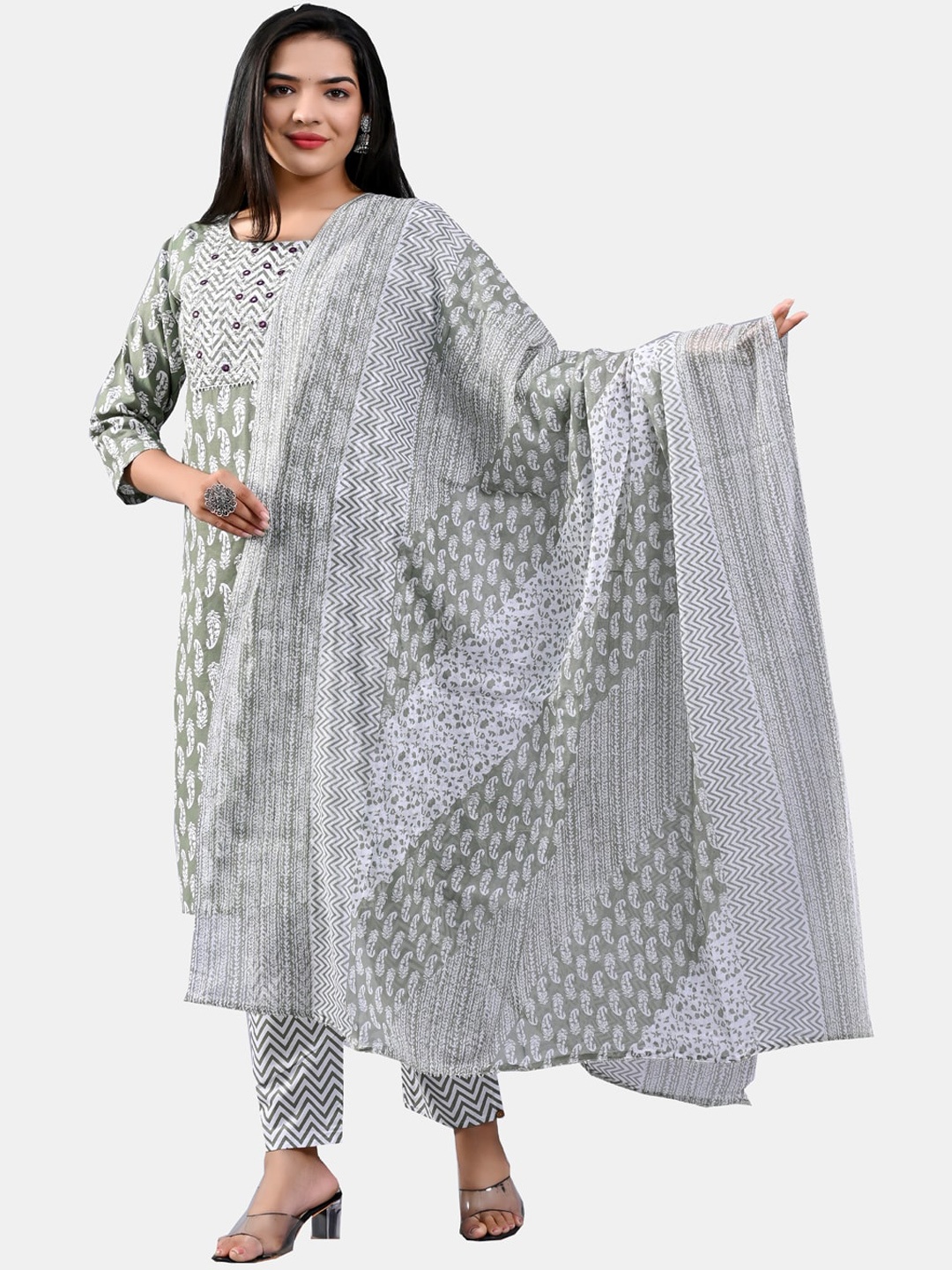

KALINI Paisley Printed Mirror Work Pure Cotton Kurta With Trousers & Dupatta, Green