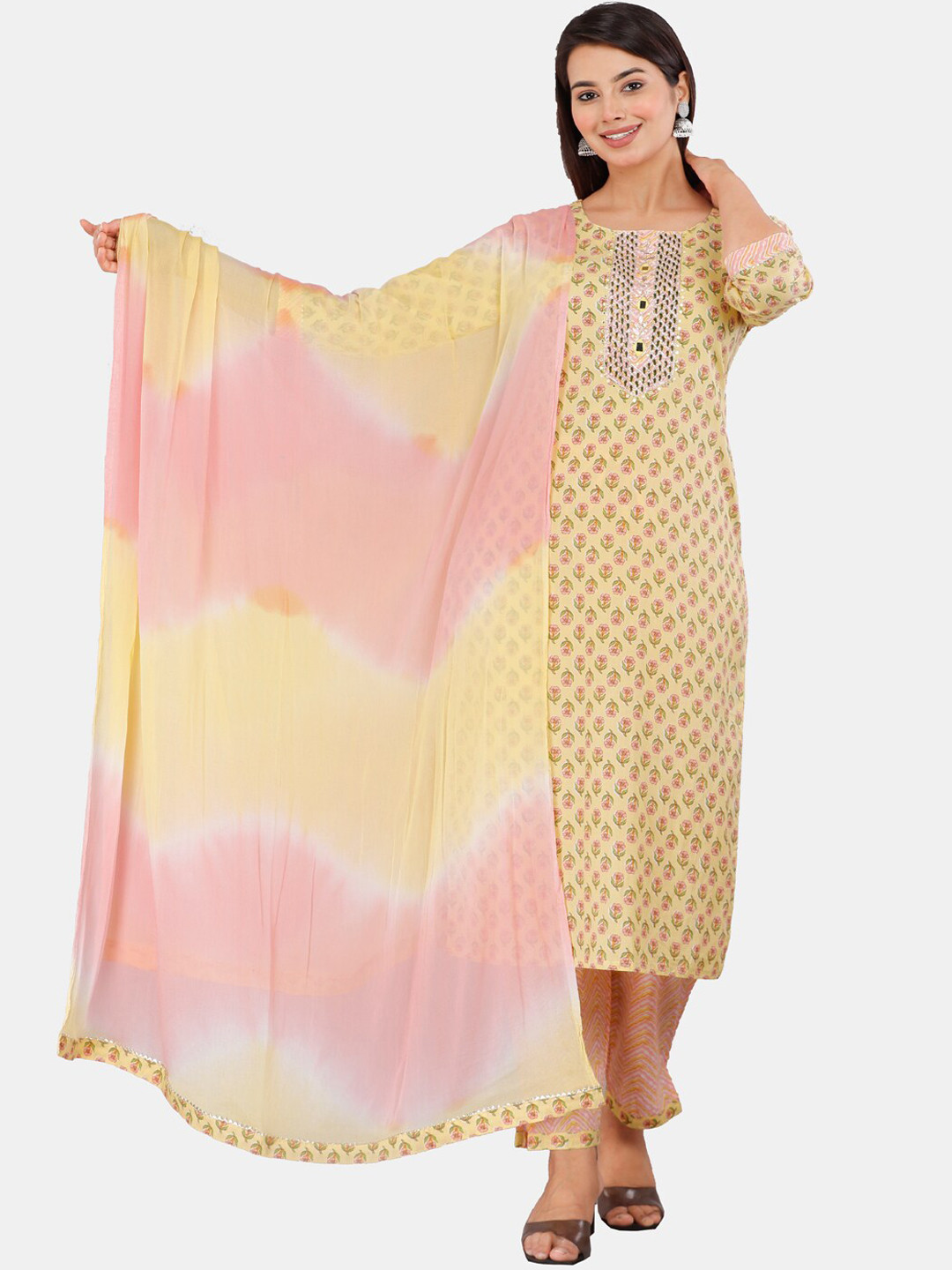 

KALINI Floral Printed Pure Cotton Kurta With Trousers & Dupatta, Yellow