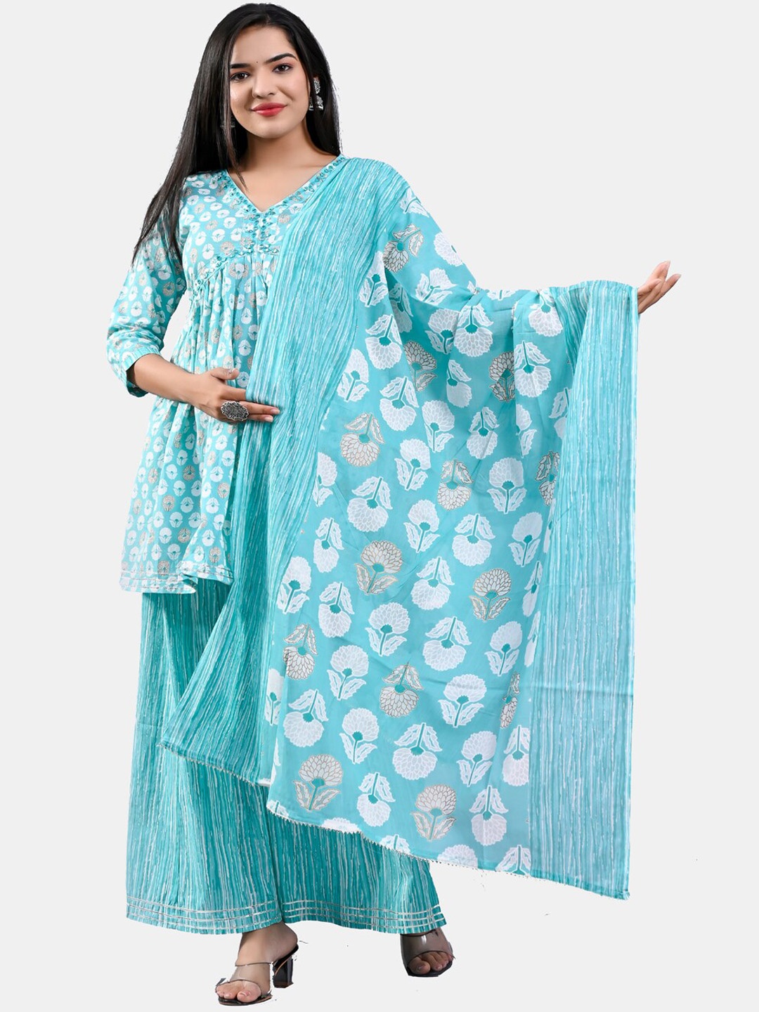 

KALINI Floral Printed Pure Cotton Empire Kurta With Palazzo & Dupatta, Turquoise blue