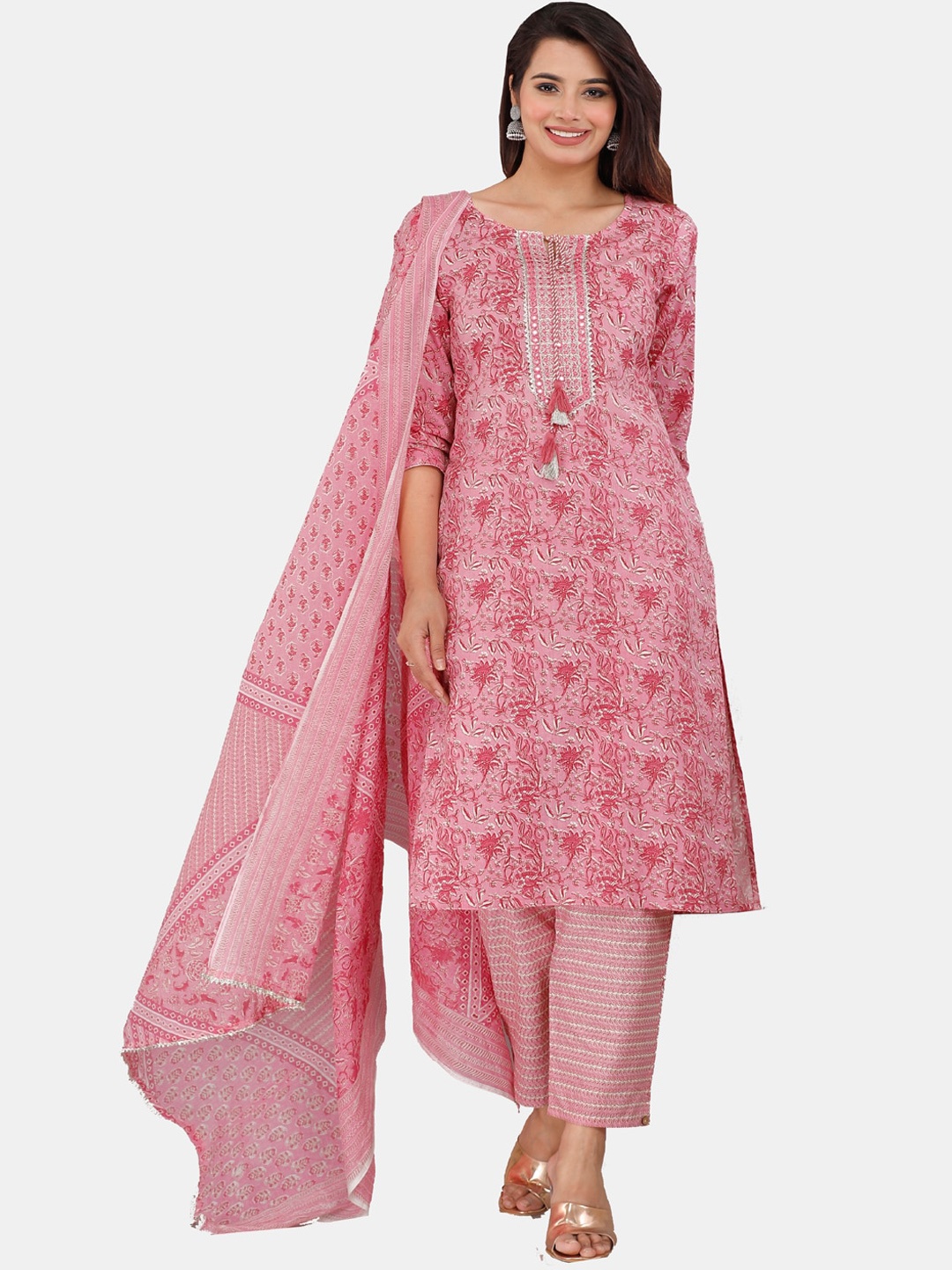 

KALINI Floral Printed Regular Gotta Patti Pure Cotton Kurta With Trousers & Dupatta, Pink