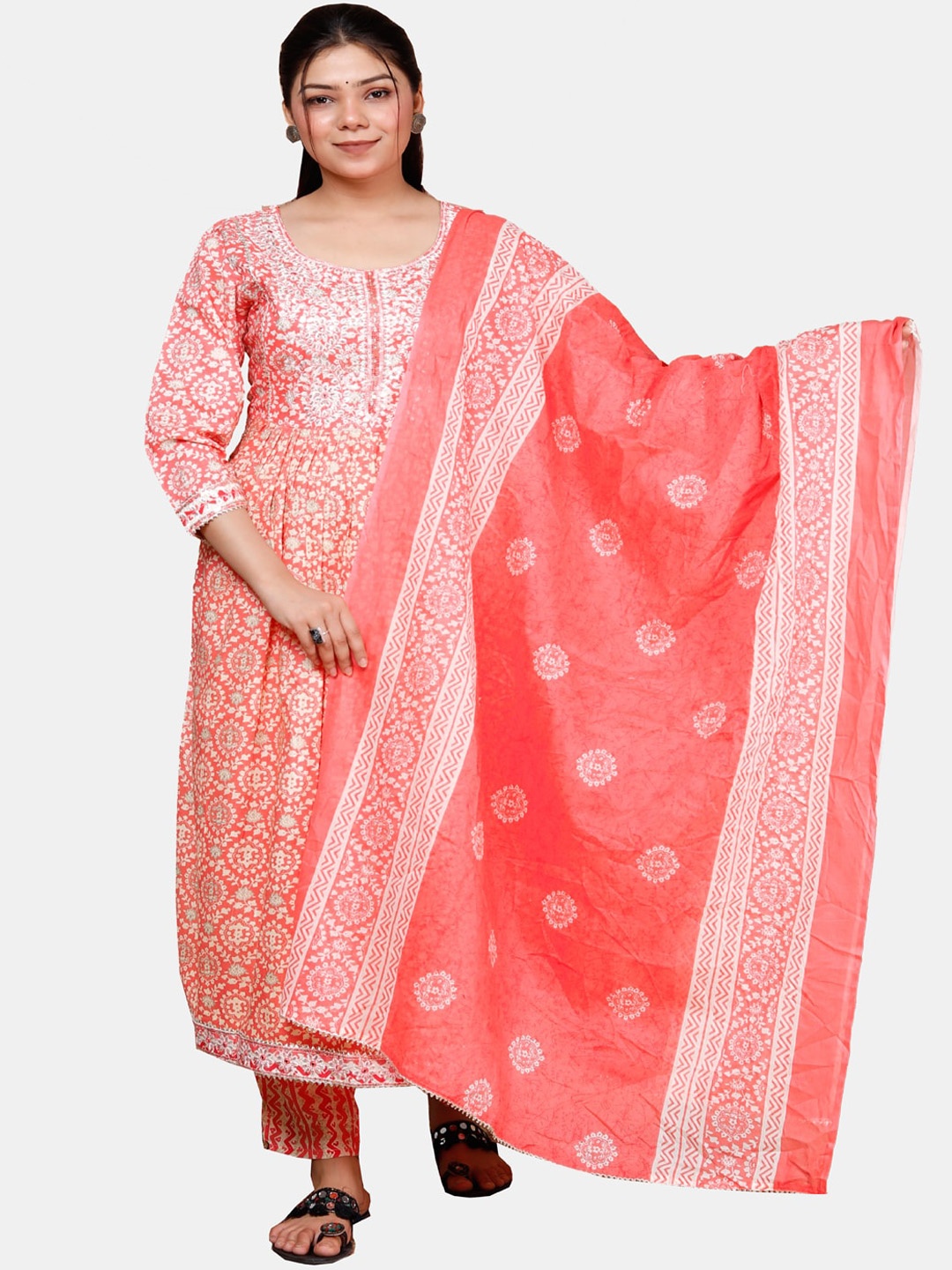 

KALINI Floral Embroidered Gotta Patti Pure Cotton Kurta With Trousers & Dupatta, Orange
