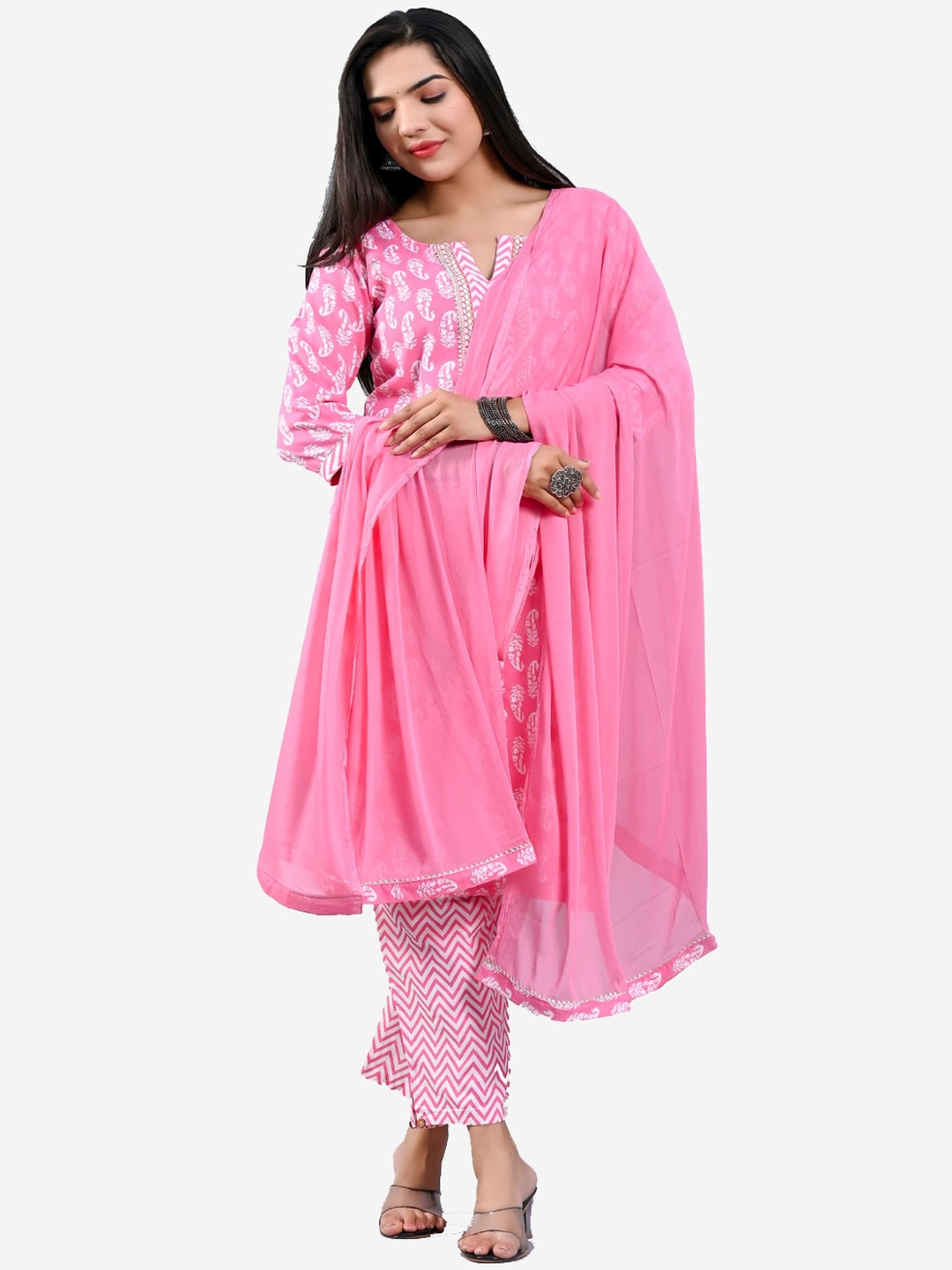 

KALINI Women Ethnic Motifs Printed Gotta Patti Pure Cotton Kurta With Trousers & Dupatta, Pink