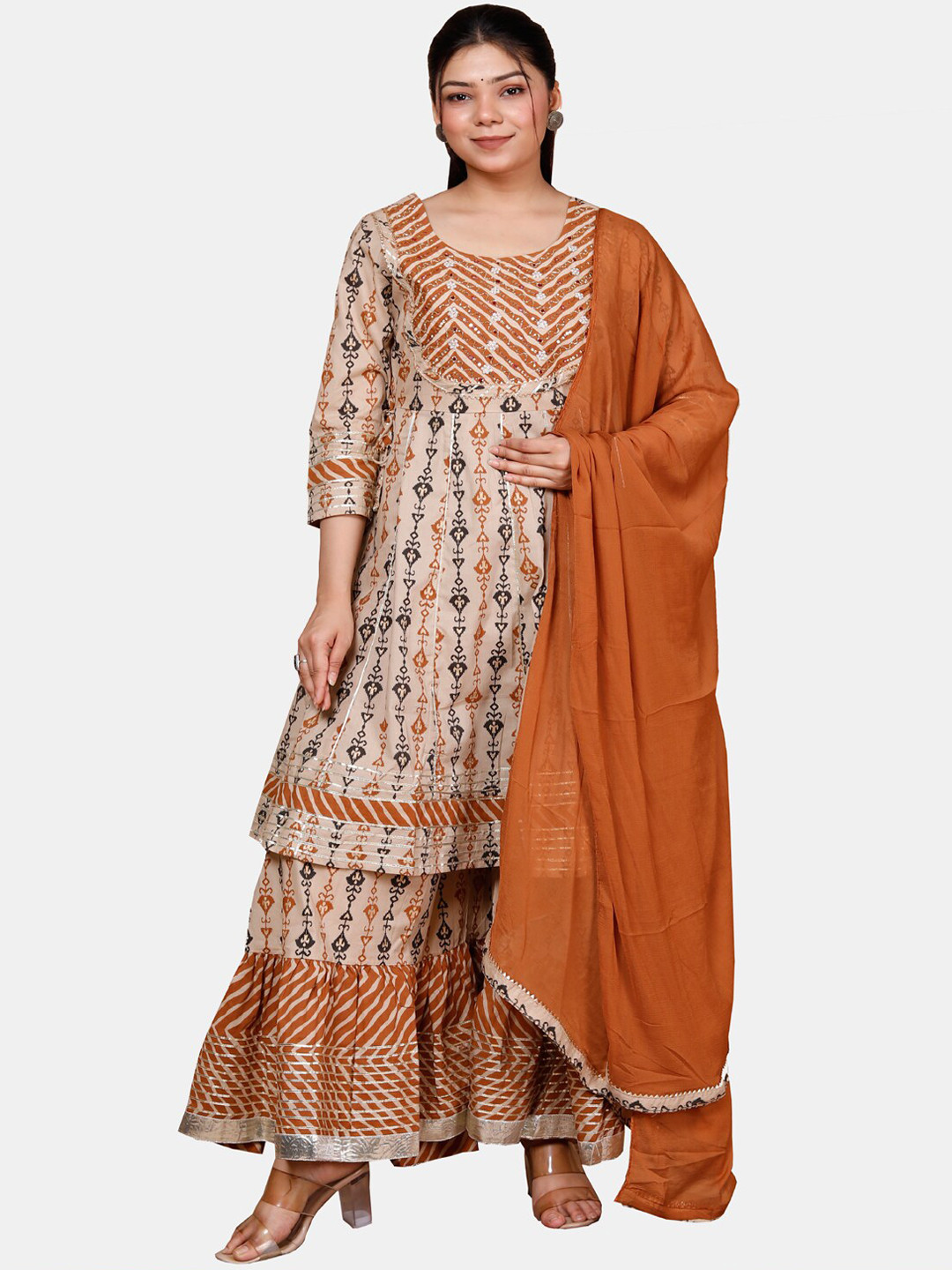 

KALINI Floral Printed Pure Cotton Kurta With Sharara & Dupatta, Beige