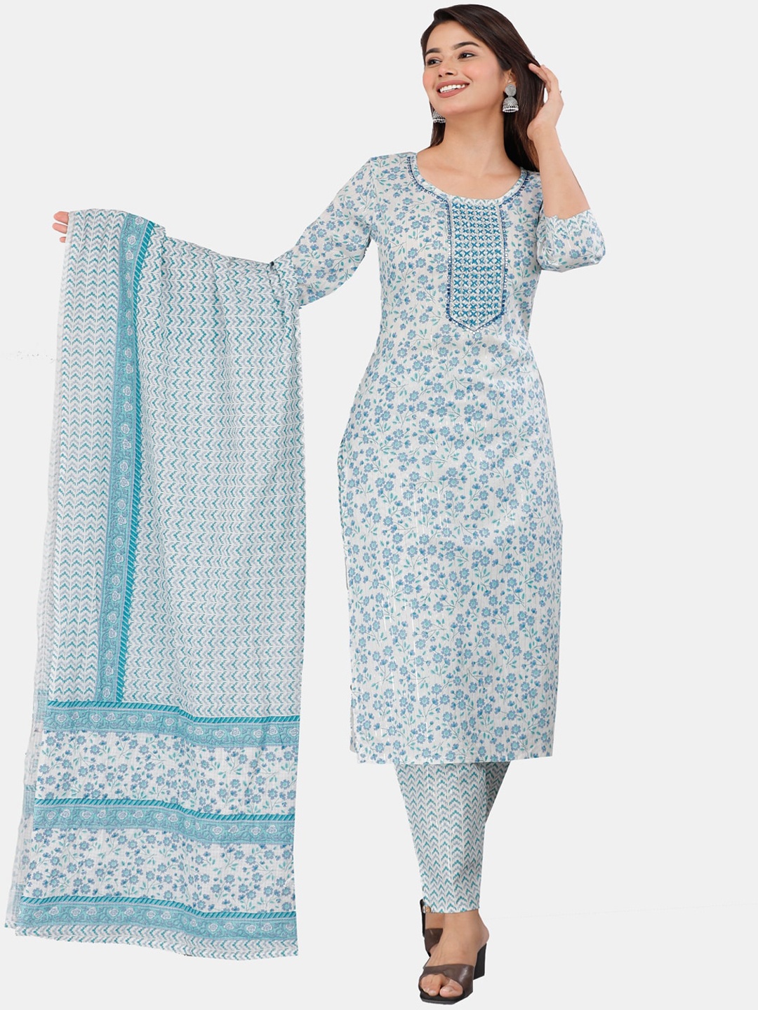 

KALINI Floral Floral Printed Pure Cotton Kurta with Trousers & Dupatta, Blue