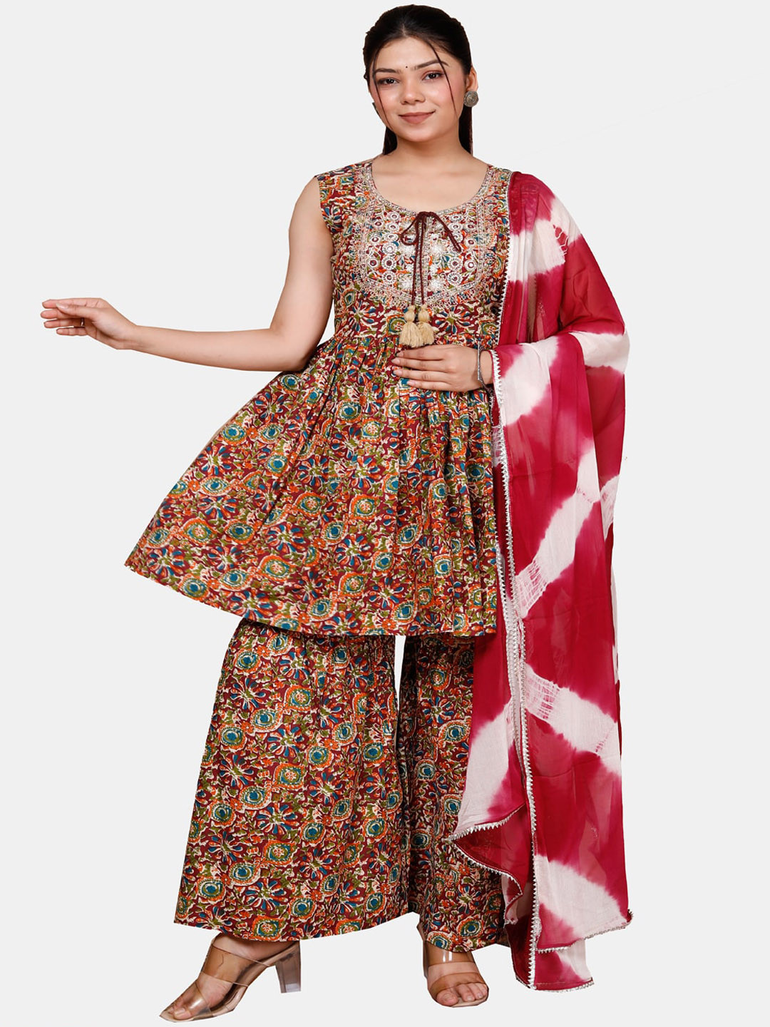 

KALINI Floral Printed Regular Thread Work Pure Cotton Kurta With Sharara & Dupatta, Brown