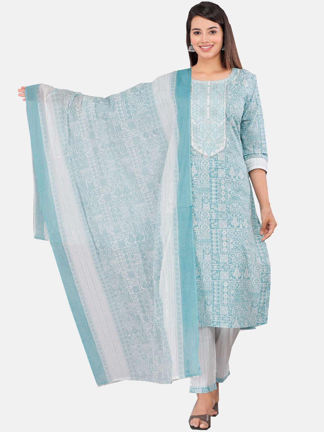 

KALINI Floral Zardozi Pure Cotton Kurta With Trousers & Dupatta, Blue