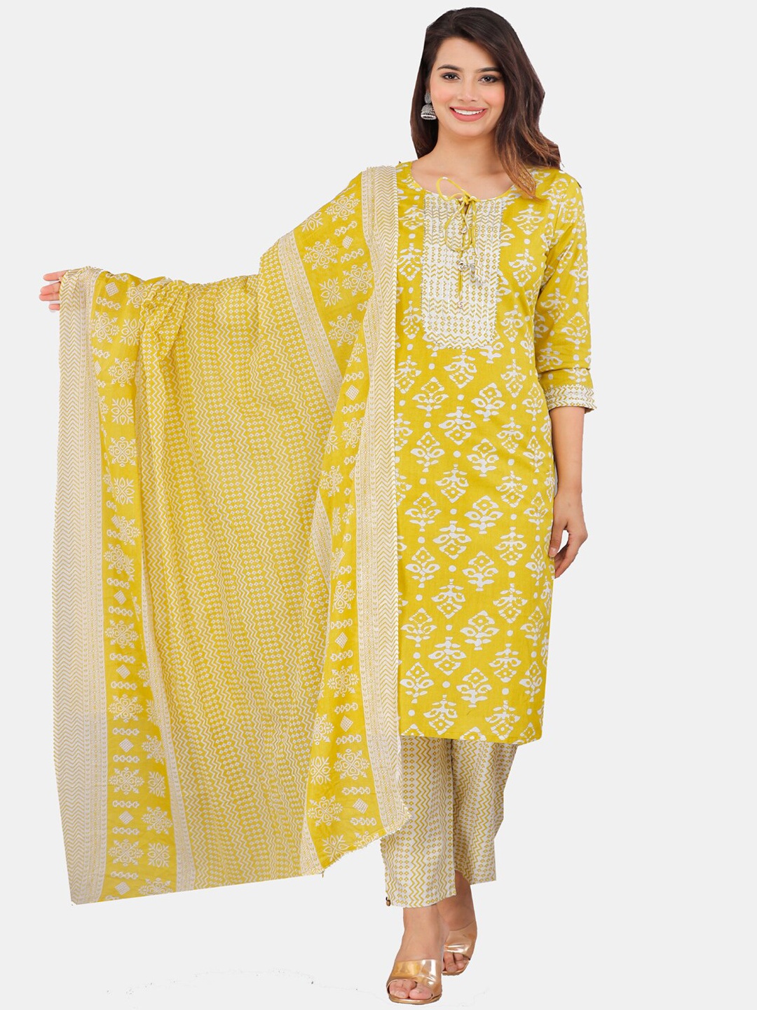 

KALINI Printed Pure Cotton Straight Kurta with Trousers & With Dupatta, Yellow