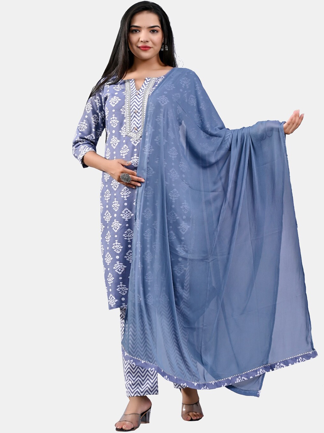 

KALINI Ethnic Motifs Embroidered Regular Pure Cotton Kurta with Trousers & Dupatta, Blue