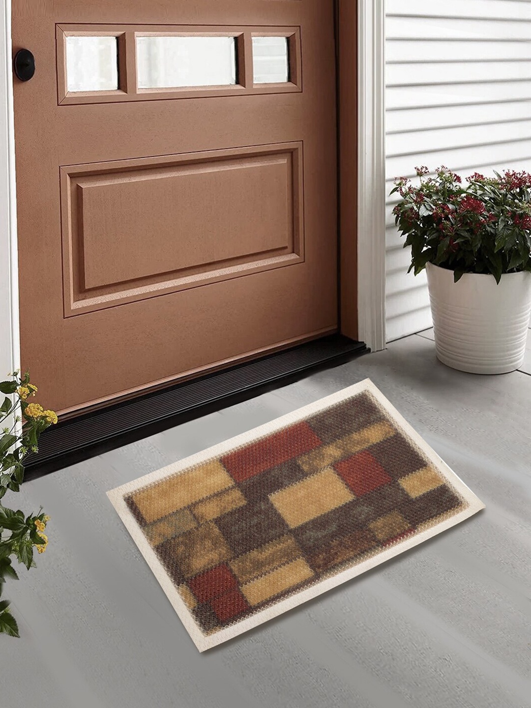 FABINALIV Brown & Beige Geometric Door Mat