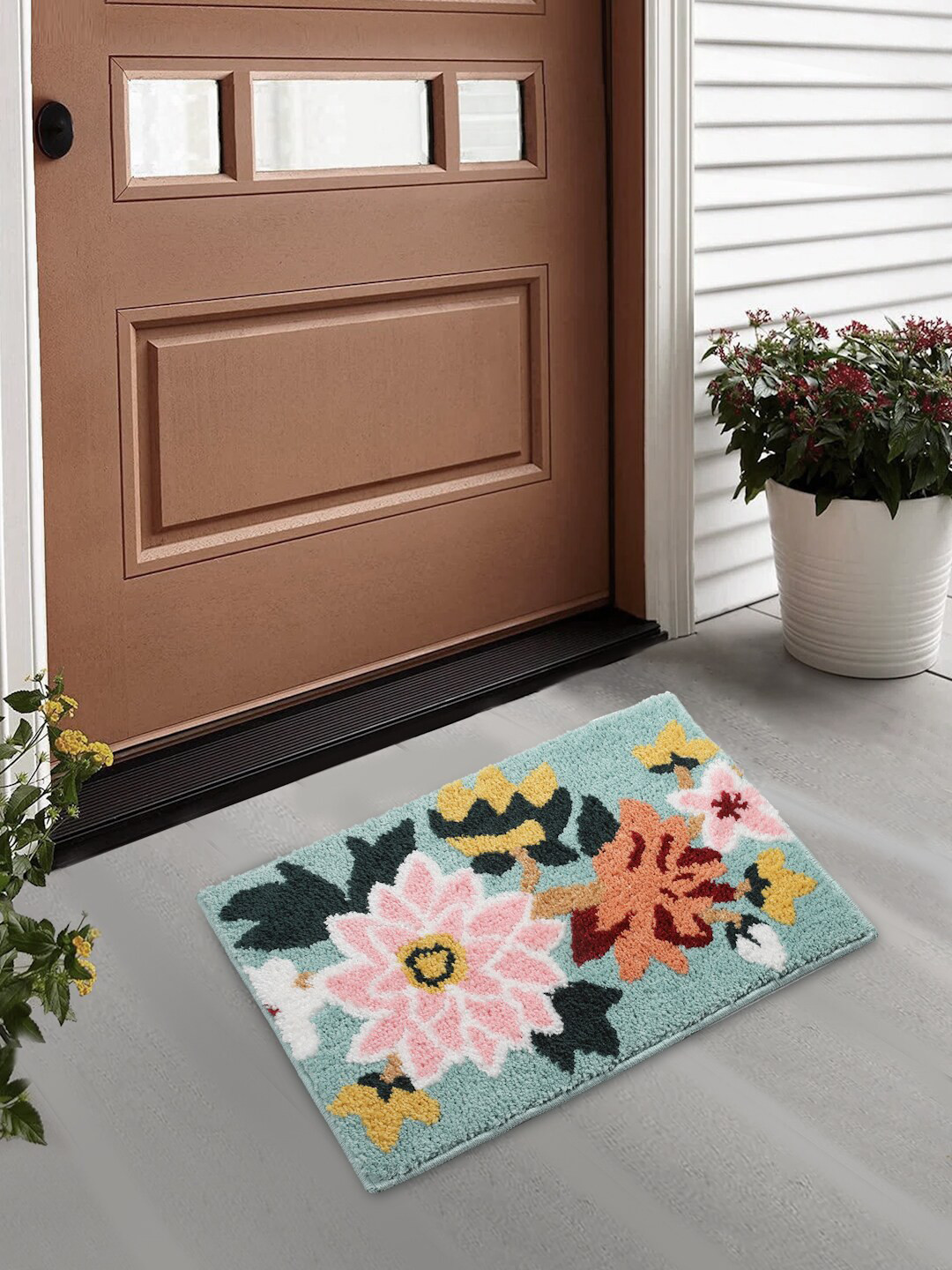 

FABINALIV Turquoise Blue Floral Anti-Skid Door Mat