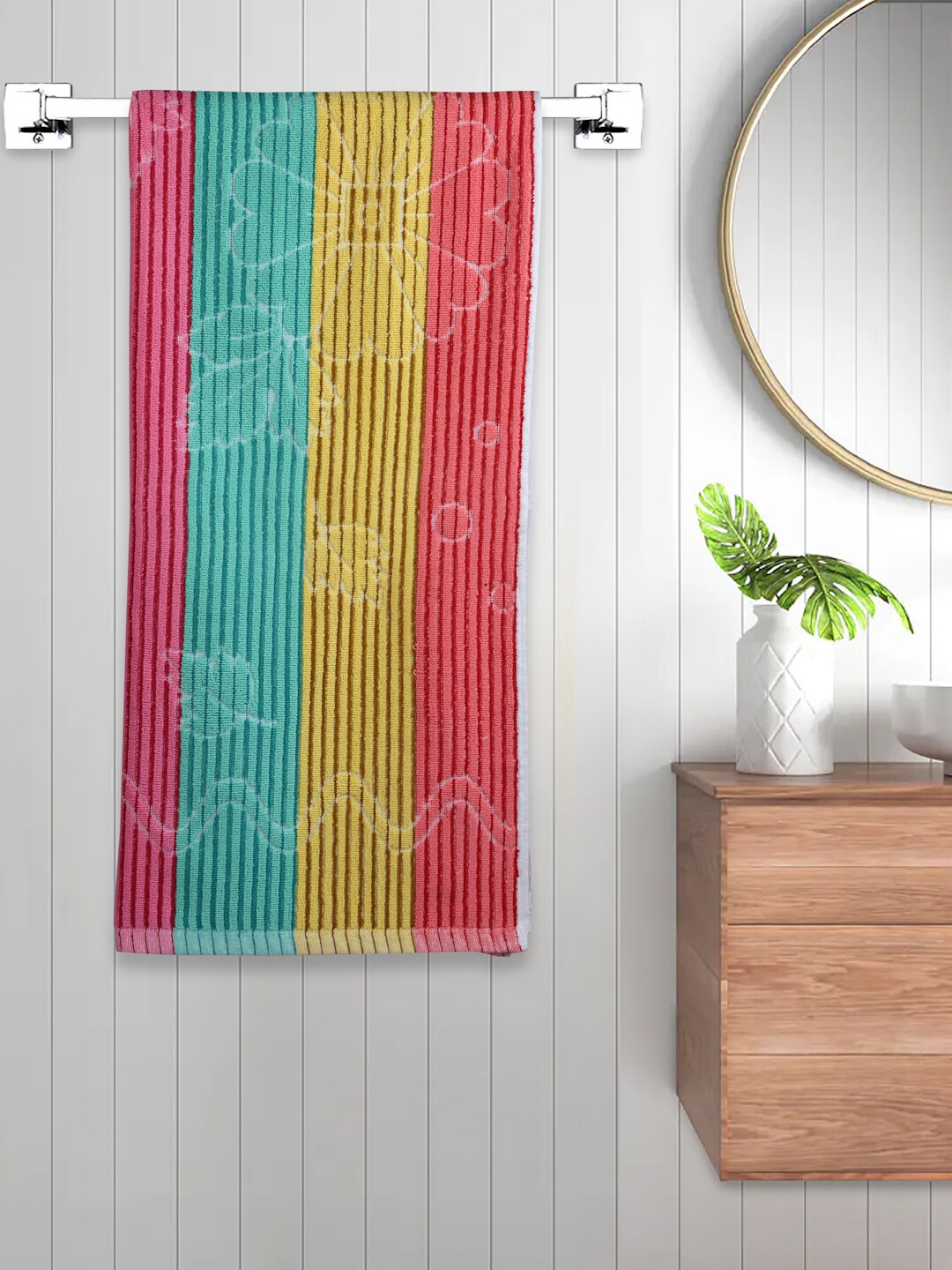 

FABINALIV Pink & Yellow Striped 450 GSM Cotton Bath Towel