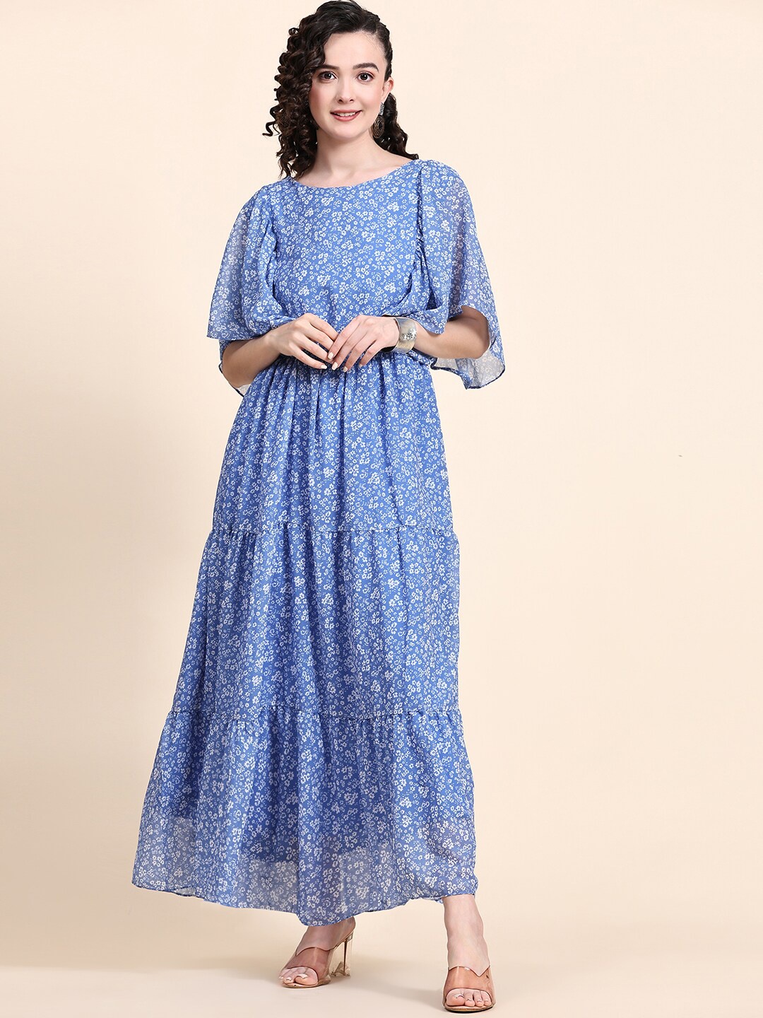 

KALINI Floral Print Flutter Sleeve Tiered Maxi Dress, Blue