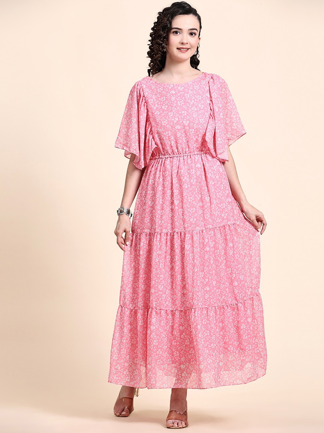 

KALINI Floral Print Flutter Sleeve Georgette Tiered Fit & Flare Maxi Dress, Pink