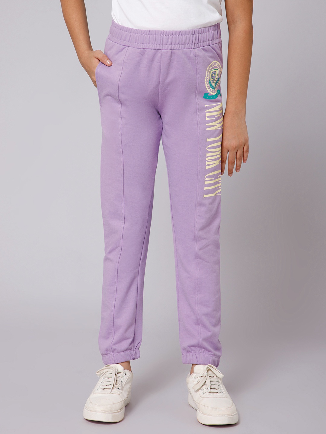 

Alan Jones Girls Typography Printed Mid-Rise Cotton Joggers, Purple
