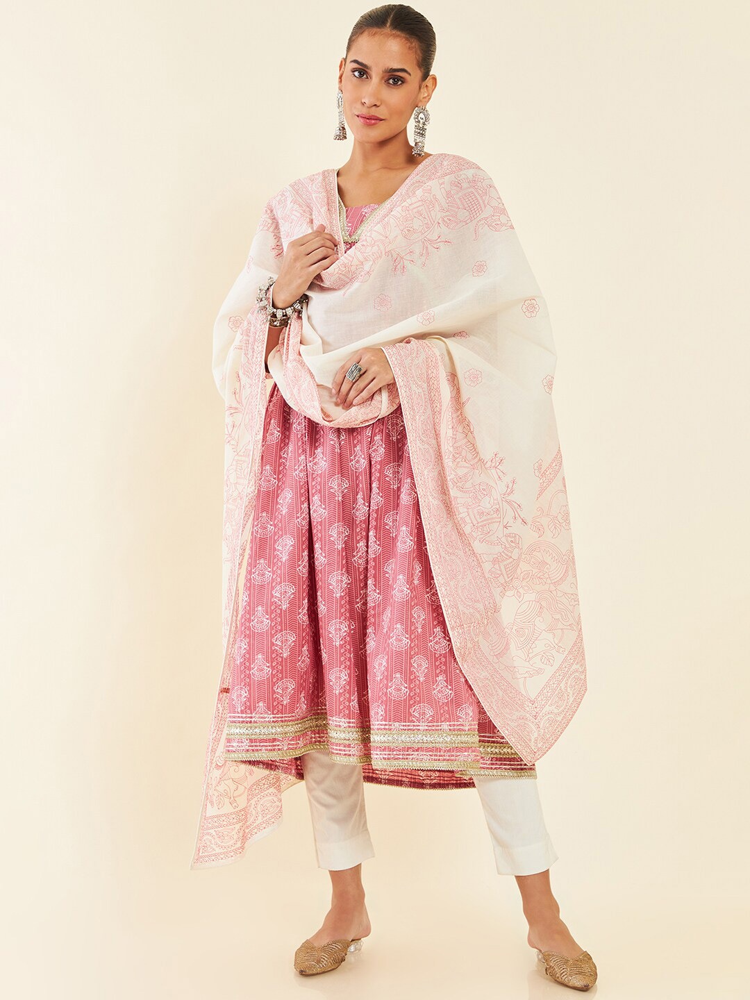

Soch Cream-Coloured & Pink Embroidered Cotton Dupatta