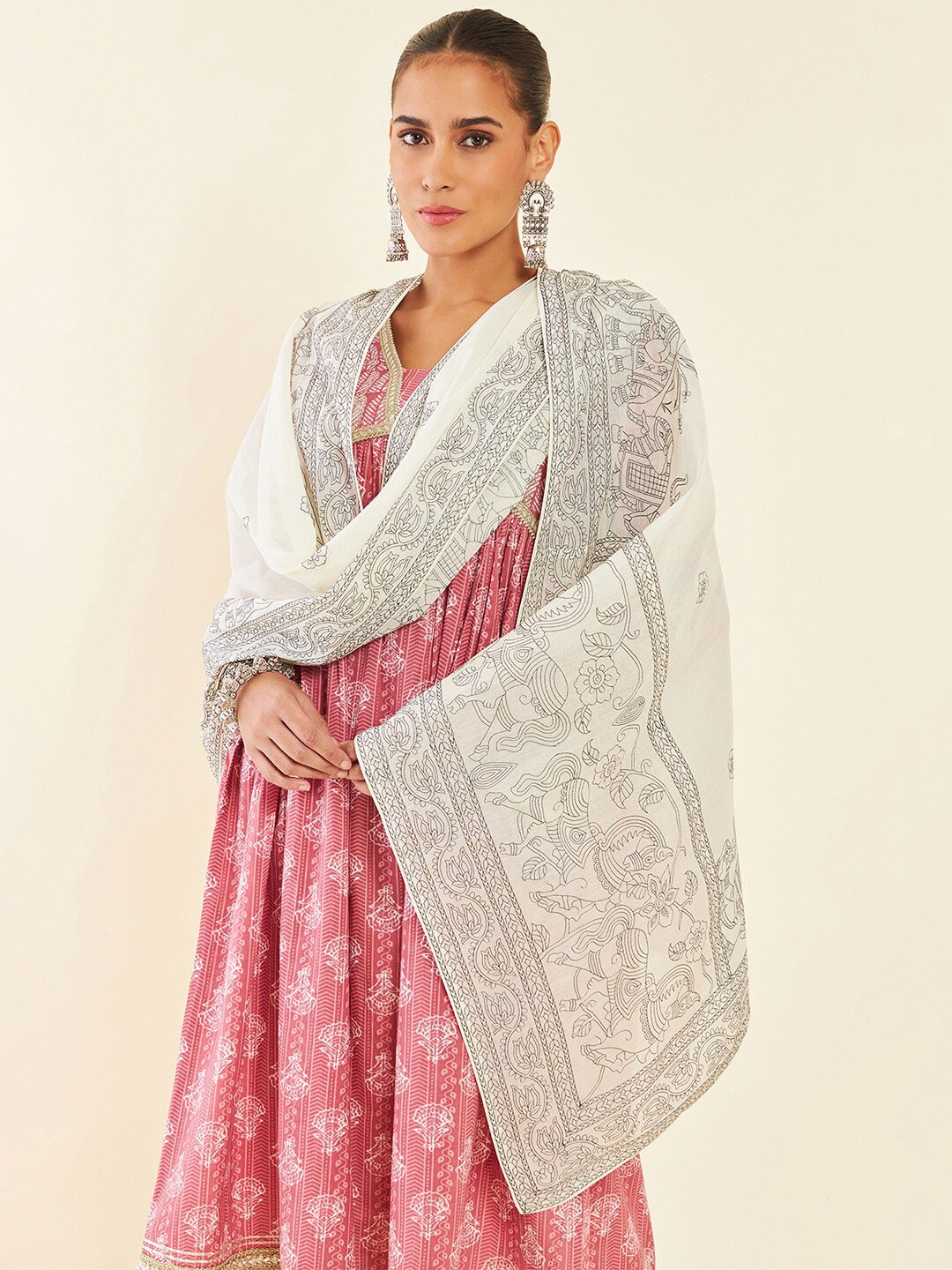 

Soch Off-Coloured & Black Ethnic Motifs Embroidered Cotton Dupatta, Off white