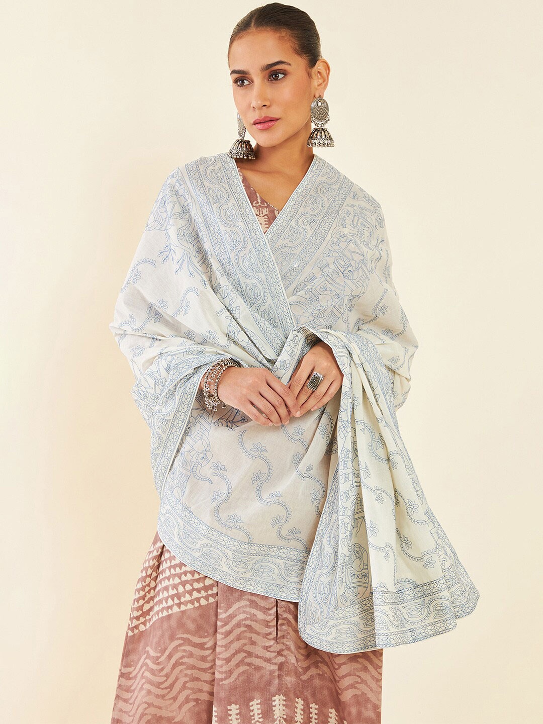 

Soch Cream-Coloured & Blue Floral Embroidered Cotton Dupatta