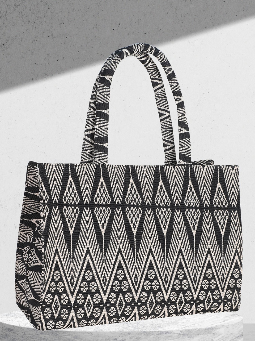 LEKHX Ethnic Motifs Printed Shopper Tote Bag, Black