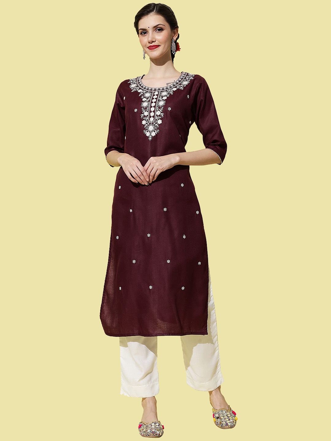 

KALINI Women Embroidered Pure Cotton Straight Kurta With Trousers, Burgundy