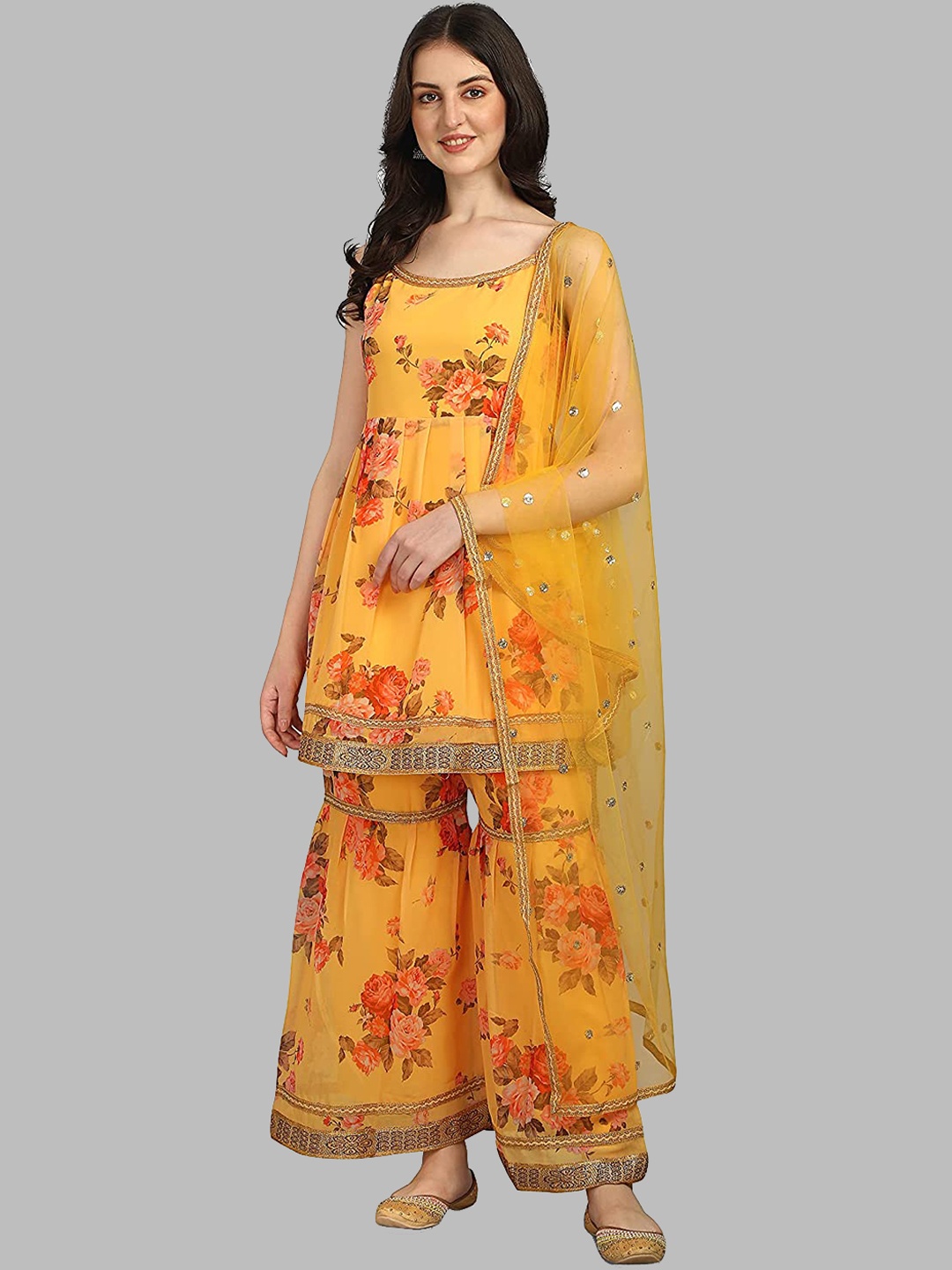 

KALINI Floral Printed Gotta Patti A-Line Kurta With Sharara & Dupatta, Yellow