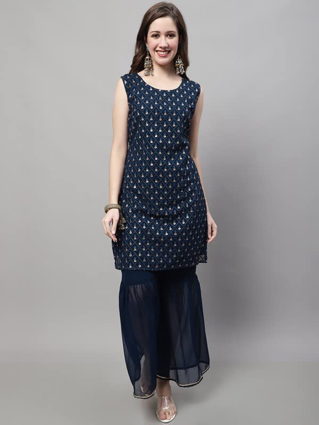 

KALINI Ethnic Motifs Embroidered Regular Kurta with Sharara & Dupatta, Blue