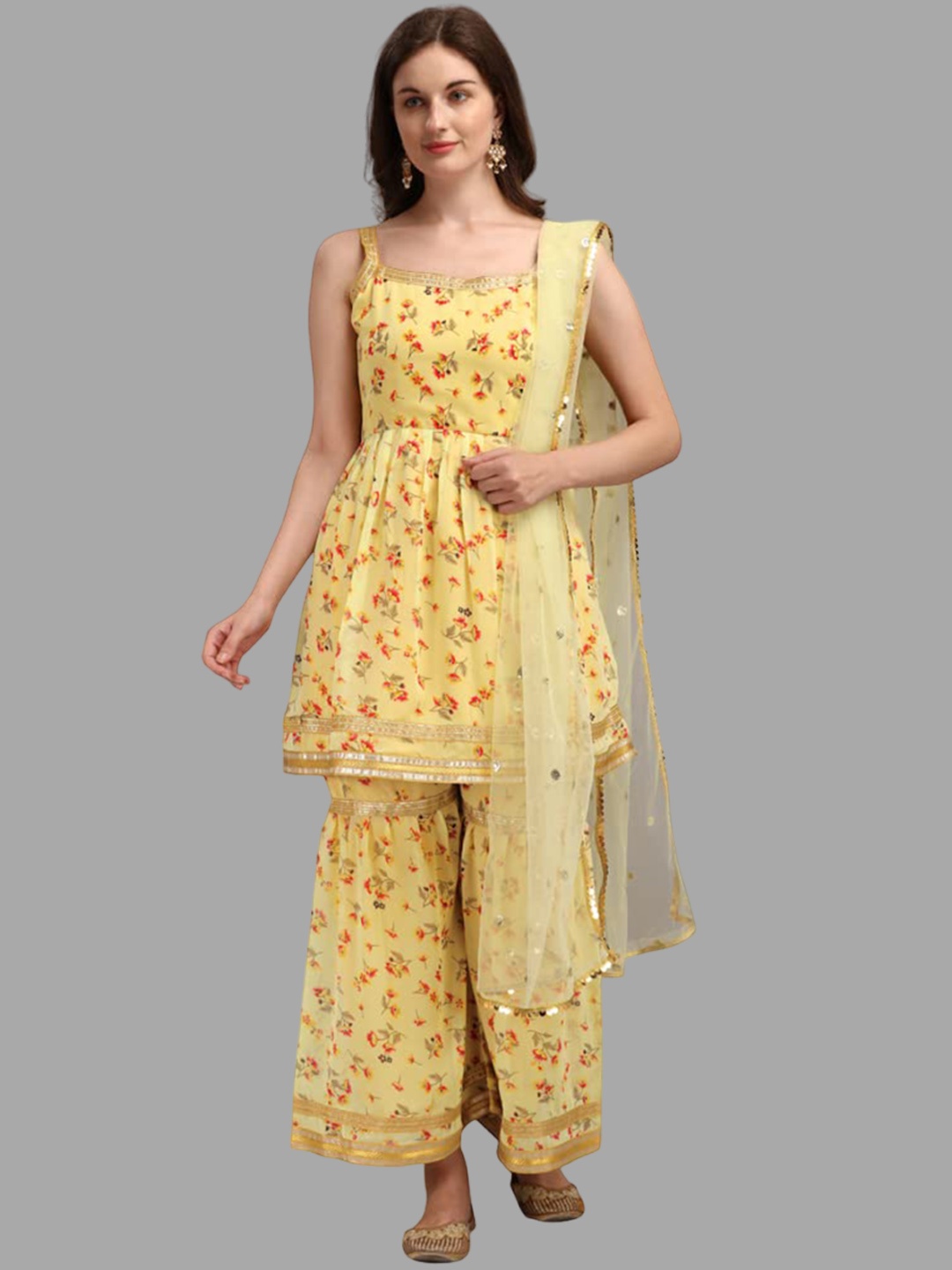 

KALINI Printed Gotta Patti Empire Style A-Line Georgette Kurti with Sharara & Dupatta, Yellow