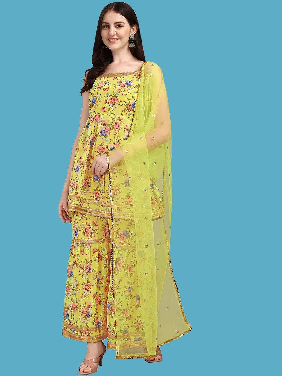 

KALINI Floral Printed Kurti With Sharara & Dupatta, Yellow