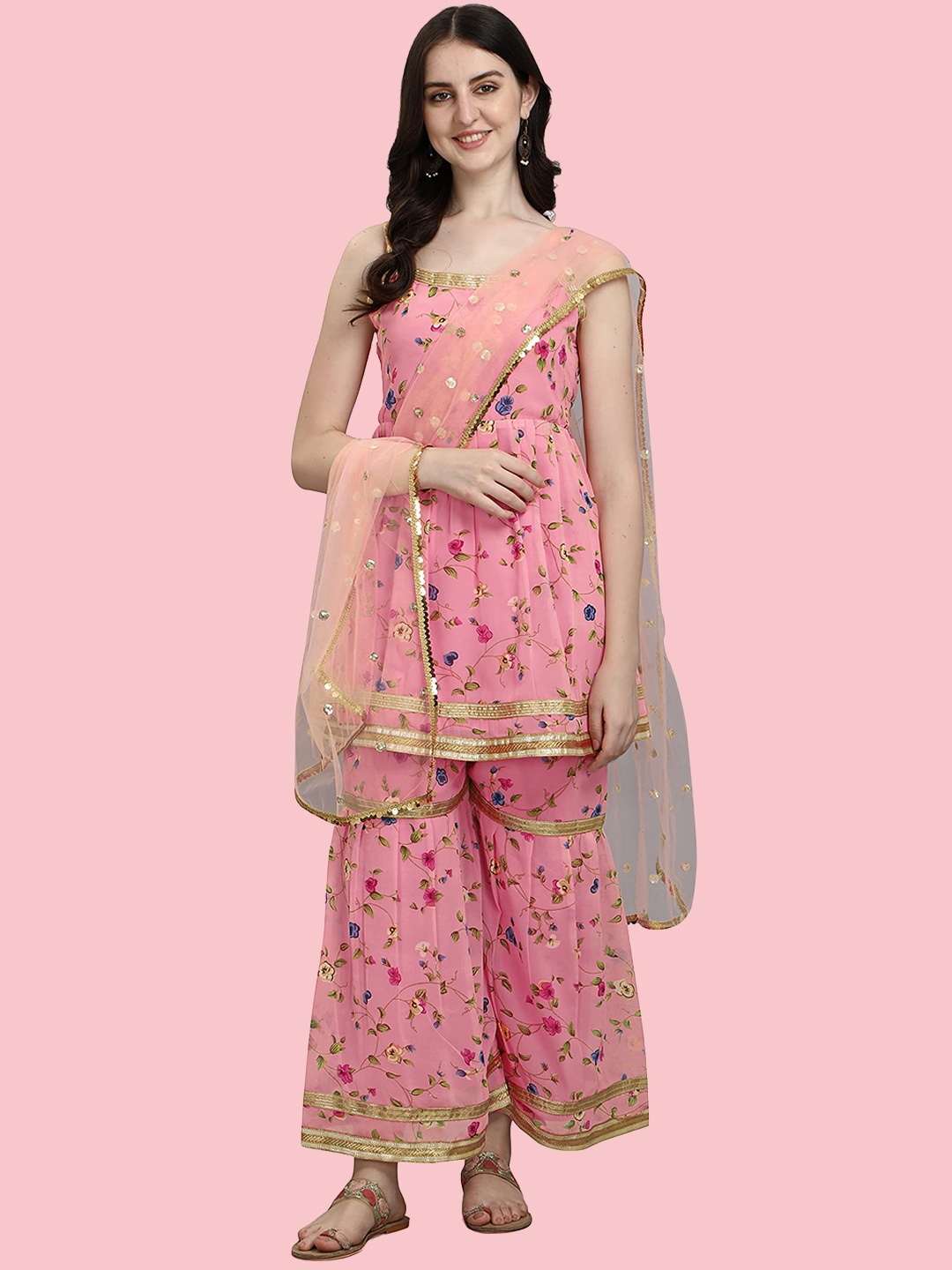 

KALINI Floral Printed Gotta Patti Kurti with Sharara & Dupatta, Pink