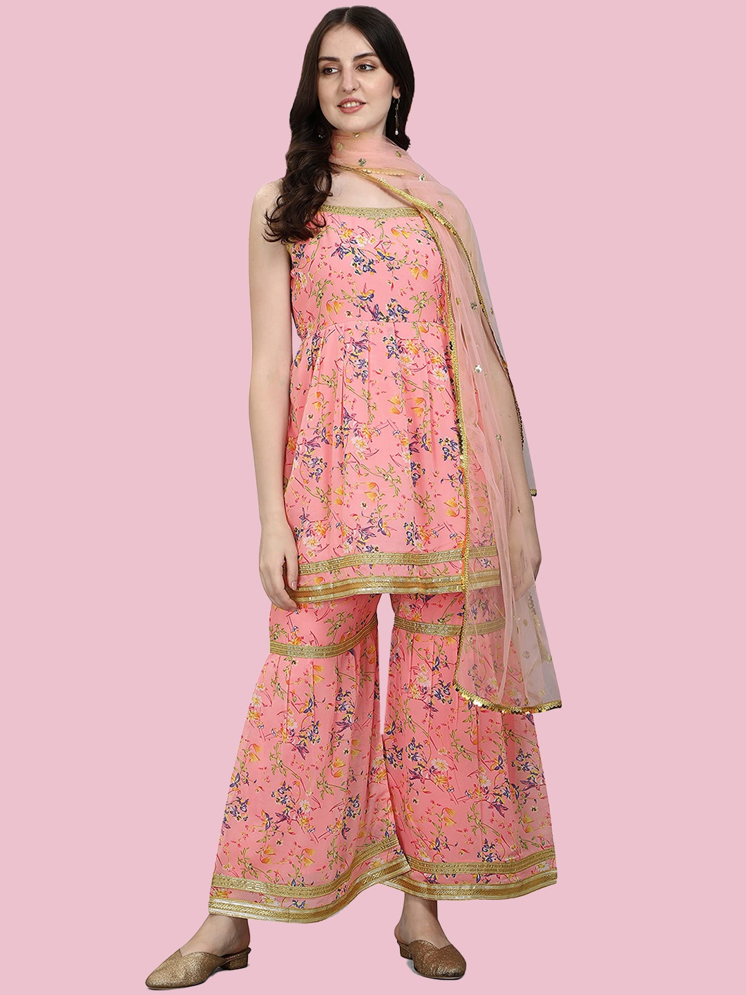 

KALINI Floral Printed A-line Kurta With Sharara & Dupatta, Pink