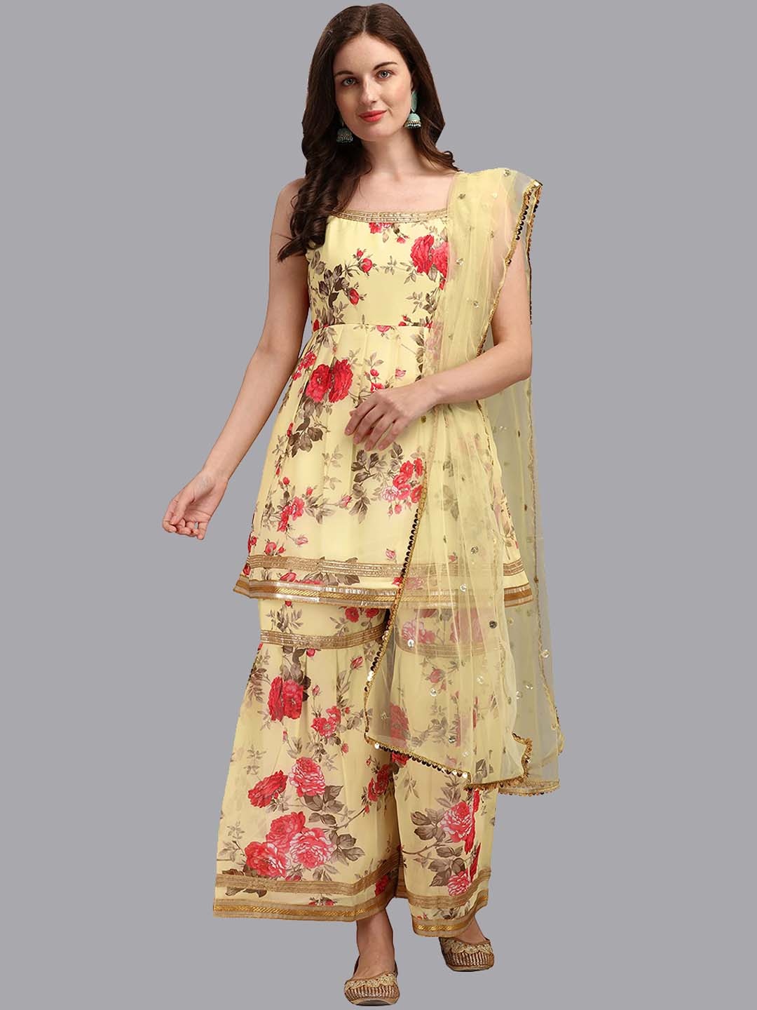 

KALINI Floral Printed Gotta Patti A-Line Georgette Kurti With Sharara & Dupatta, Yellow