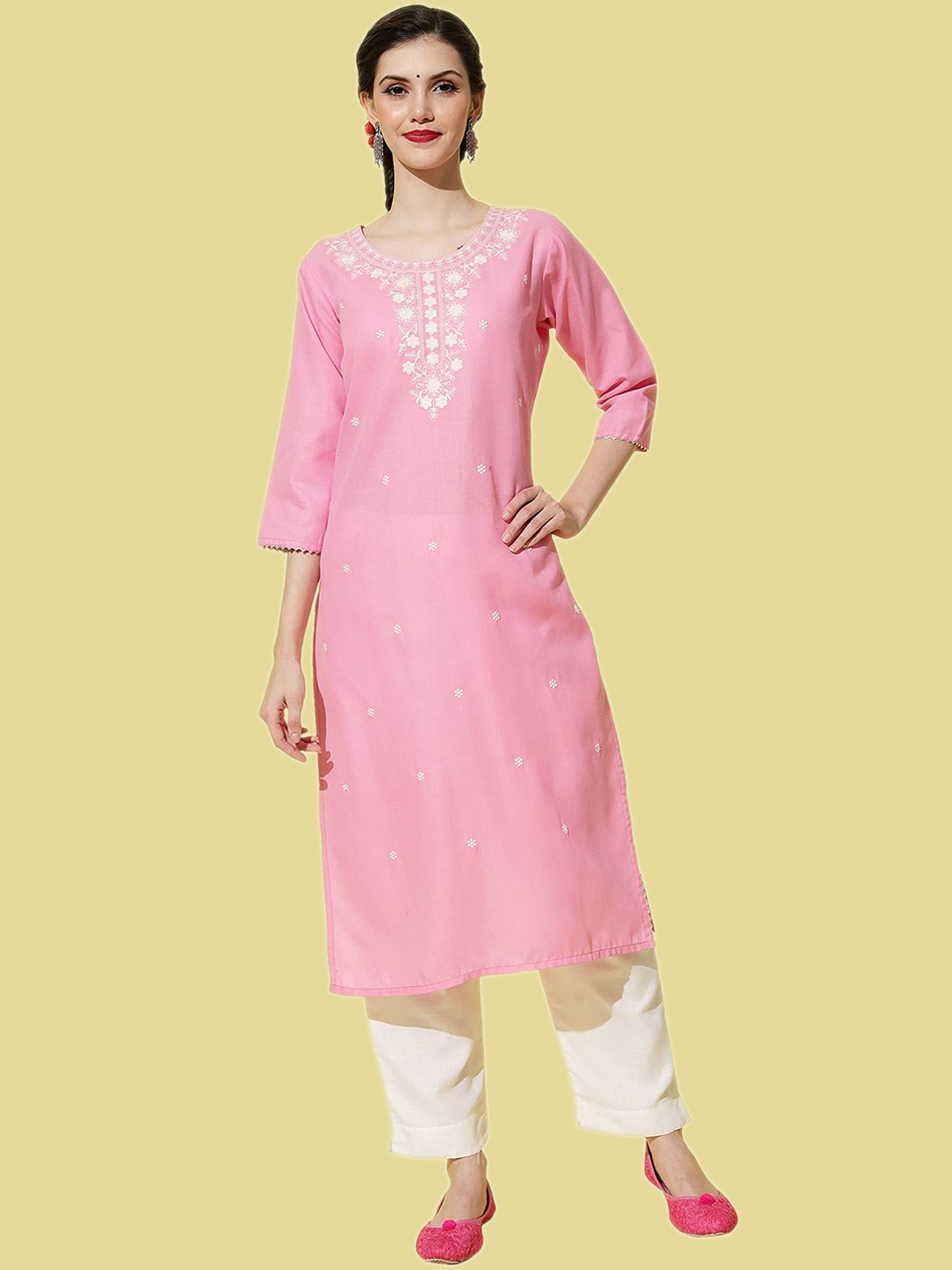 

KALINI Ethnic Motifs Embroidered Regular Pure Cotton Kurta With Trousers, Pink