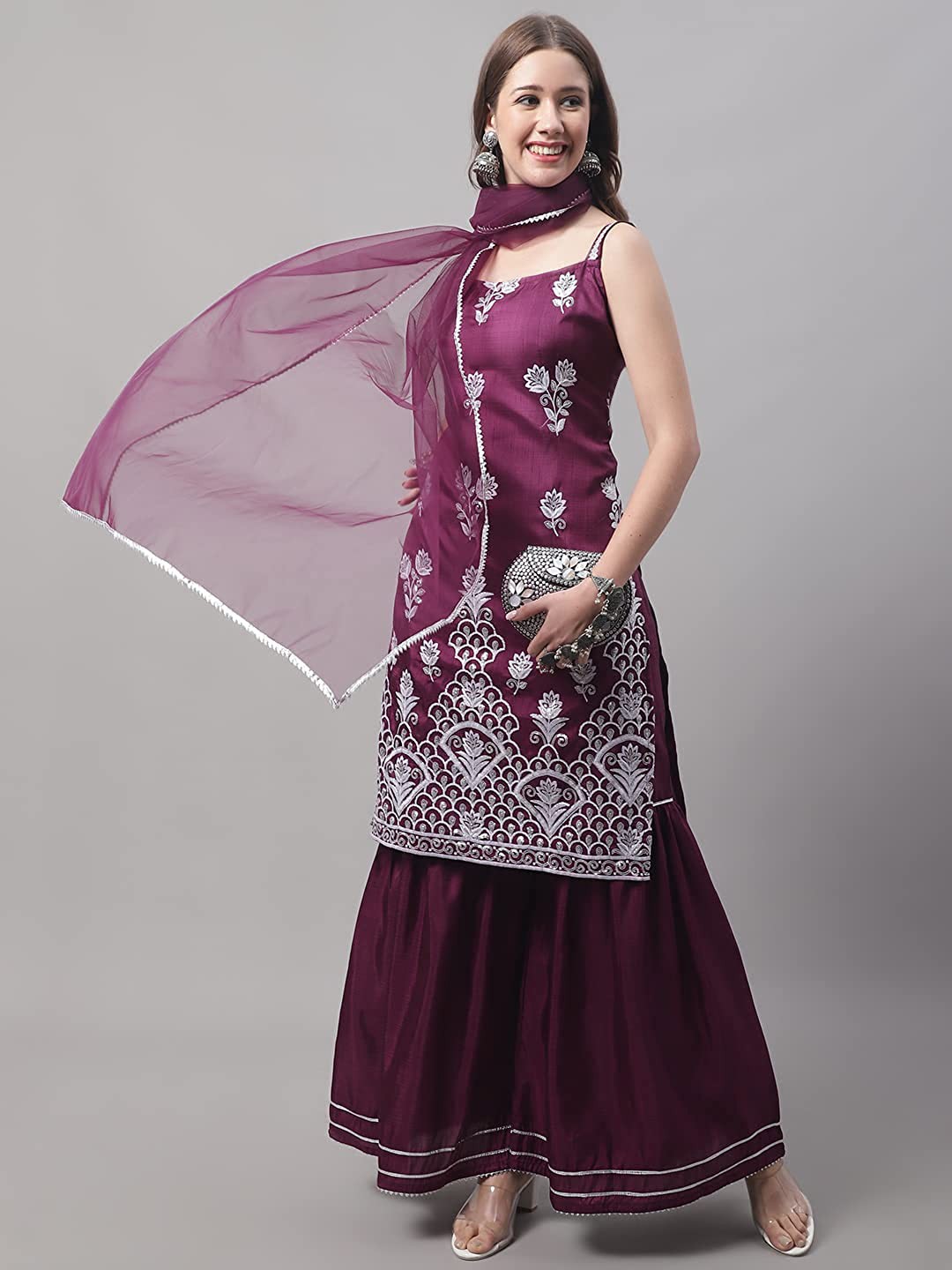 

KALINI Floral Embroidered Kurta With Sharara & Dupatta, Violet