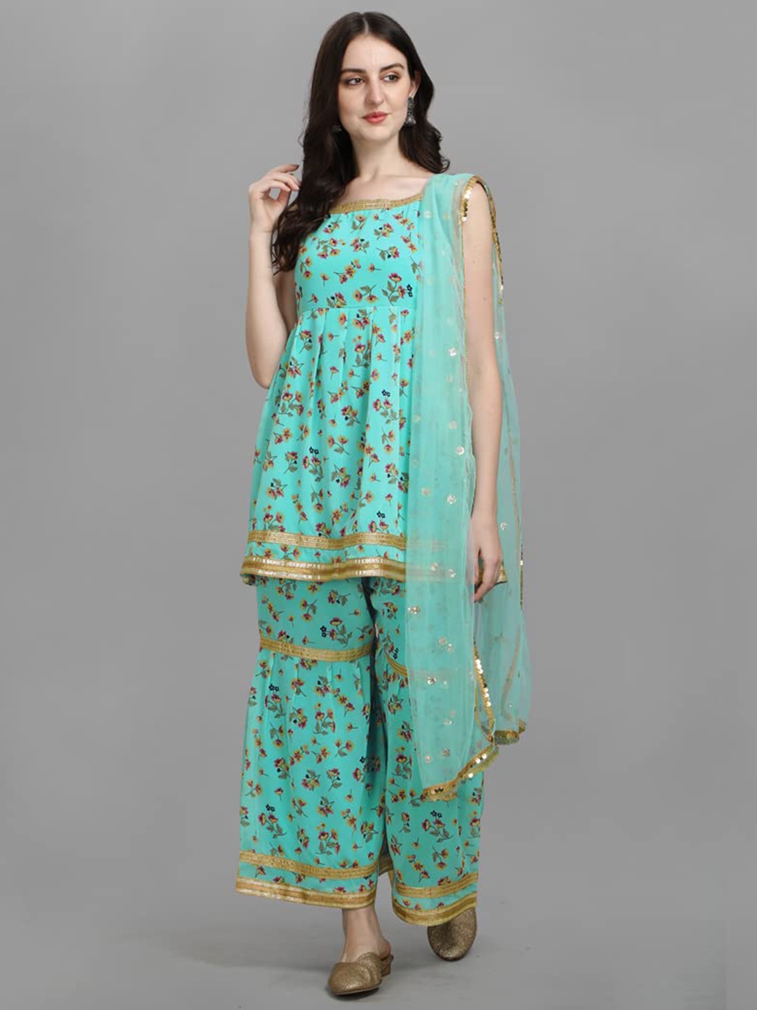 

KALINI Ethnic Motifs Printed Pleated Gotta Patti Kurta & Sharara With Dupatta, Blue