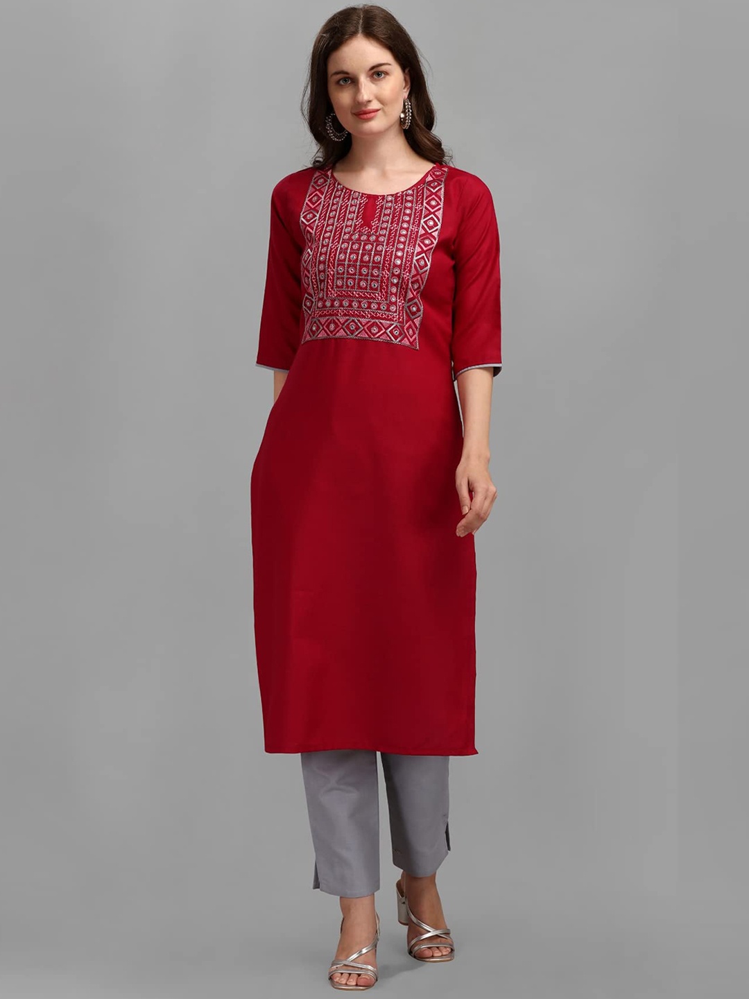 

KALINI Ethnic Motifs Embroidered Mirror Work Straight Kurta With Trousers, Red