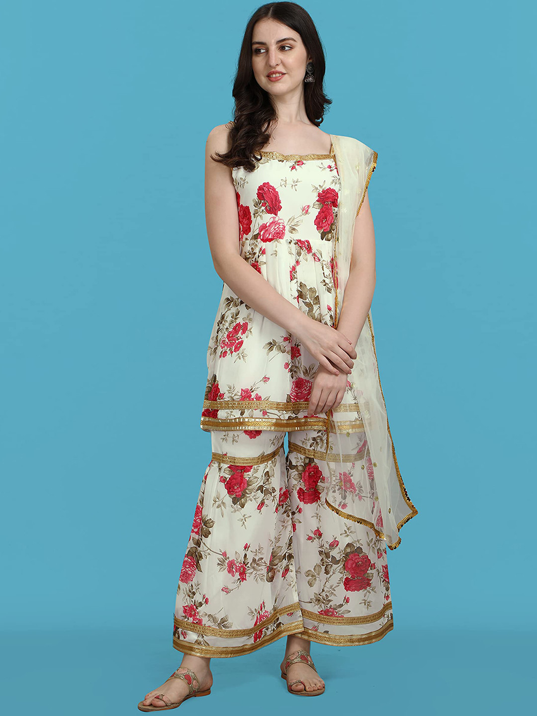 

KALINI Floral Printed Regular Kurta With Sharara & Dupatta, White