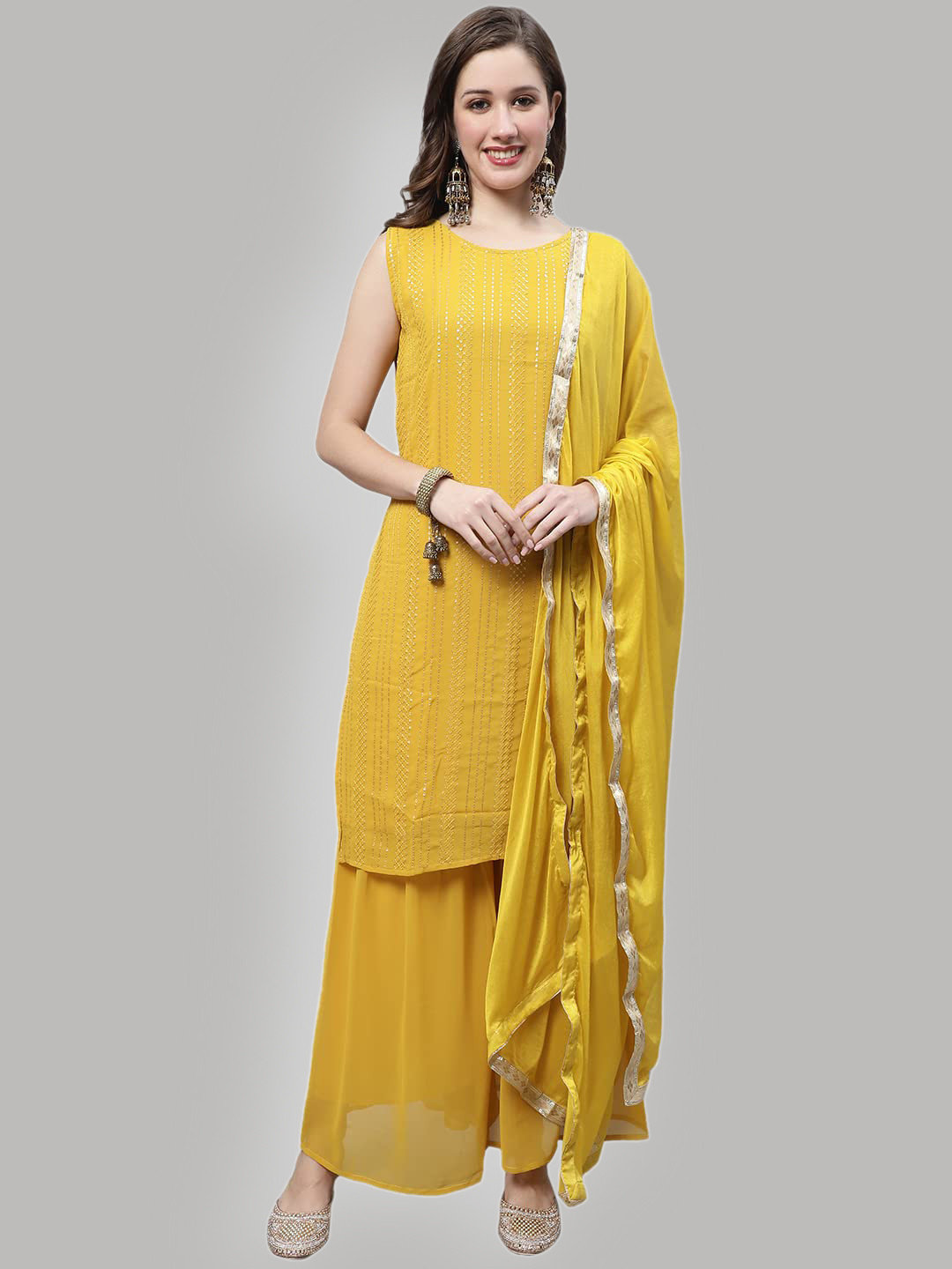 

KALINI Geometric Embroidered Sequinned Detail Straight Kurta with Sharara & Dupatta, Yellow