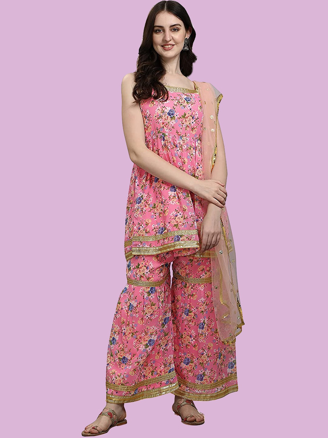

KALINI Floral Printed Gotta Patti Kurta with Sharara & With Dupatta, Pink