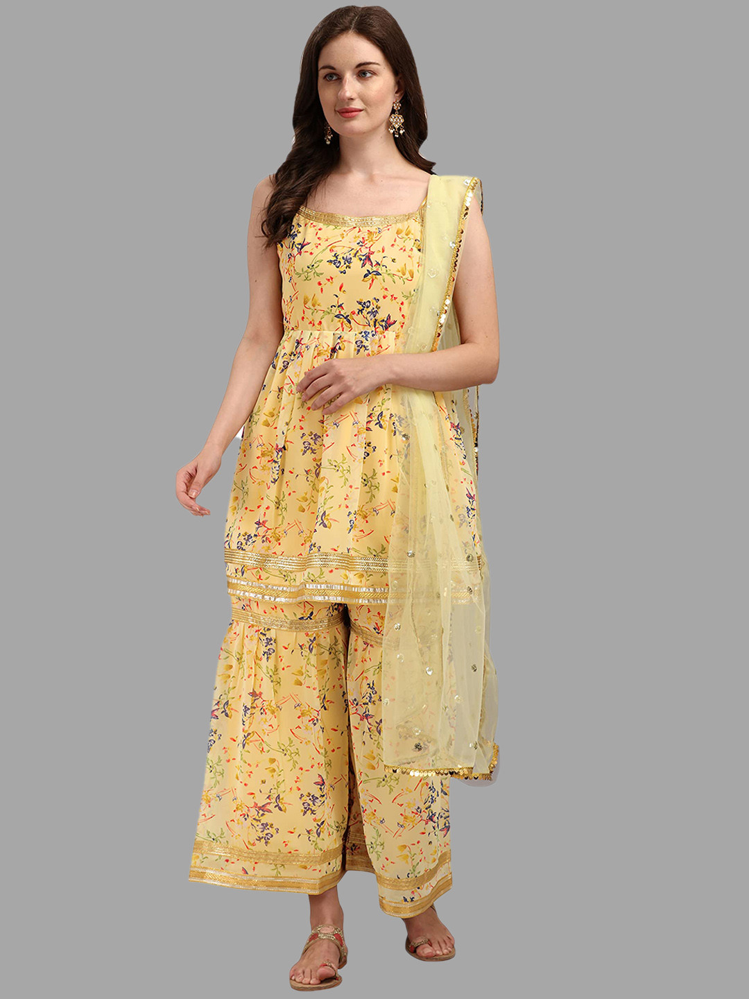 

KALINI Floral Printed Regular Gotta Patti A-Line Kurta & Sharara With Dupatta, Yellow
