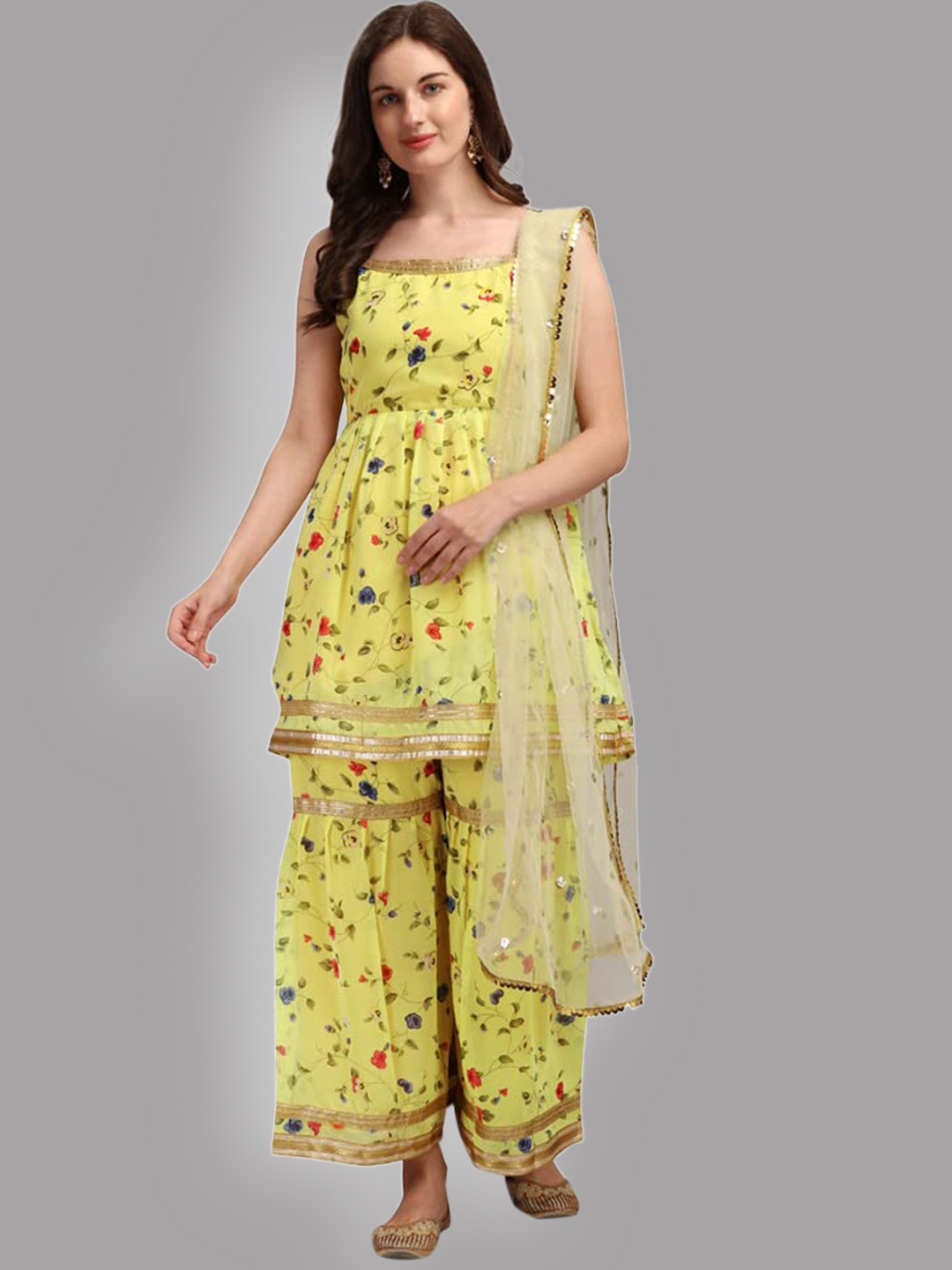 

KALINI Floral Printed A-line Kurta & Sharara With Dupatta, Yellow