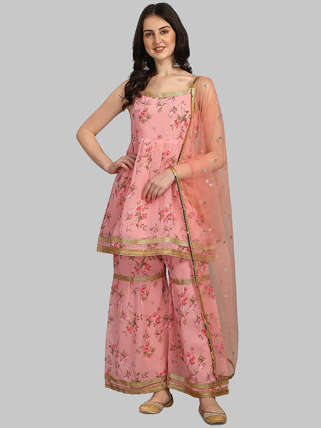 

KALINI Floral Printed Gotta Patti Kurta with Sharara & Dupatta, Peach