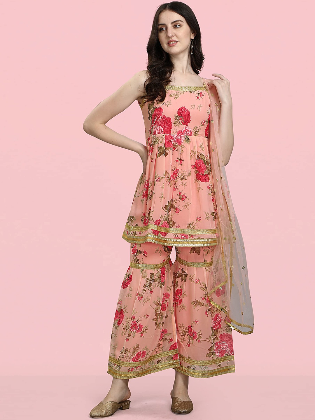 

KALINI Floral Printed Regular Kurta with Sharara & Dupatta, Pink