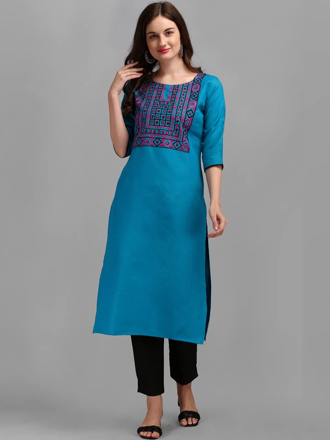 

KALINI Ethnic Motifs Embroidered Regular Kurta With Trousers, Blue