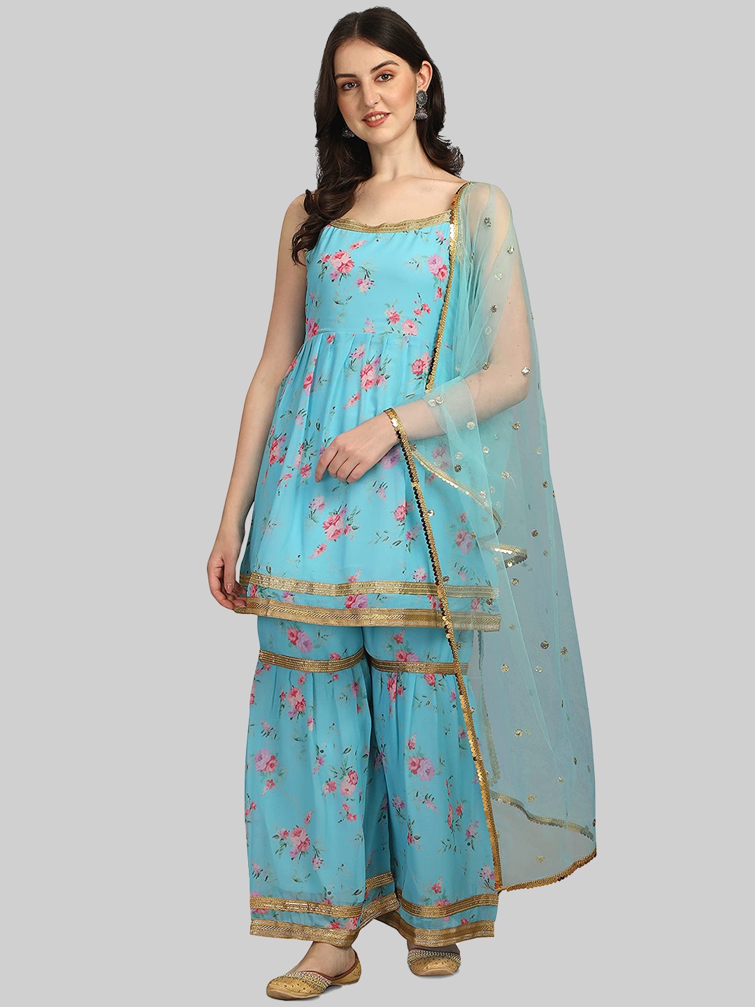 

KALINI Floral Printed Regular Kurta with Sharara & Dupatta, Blue