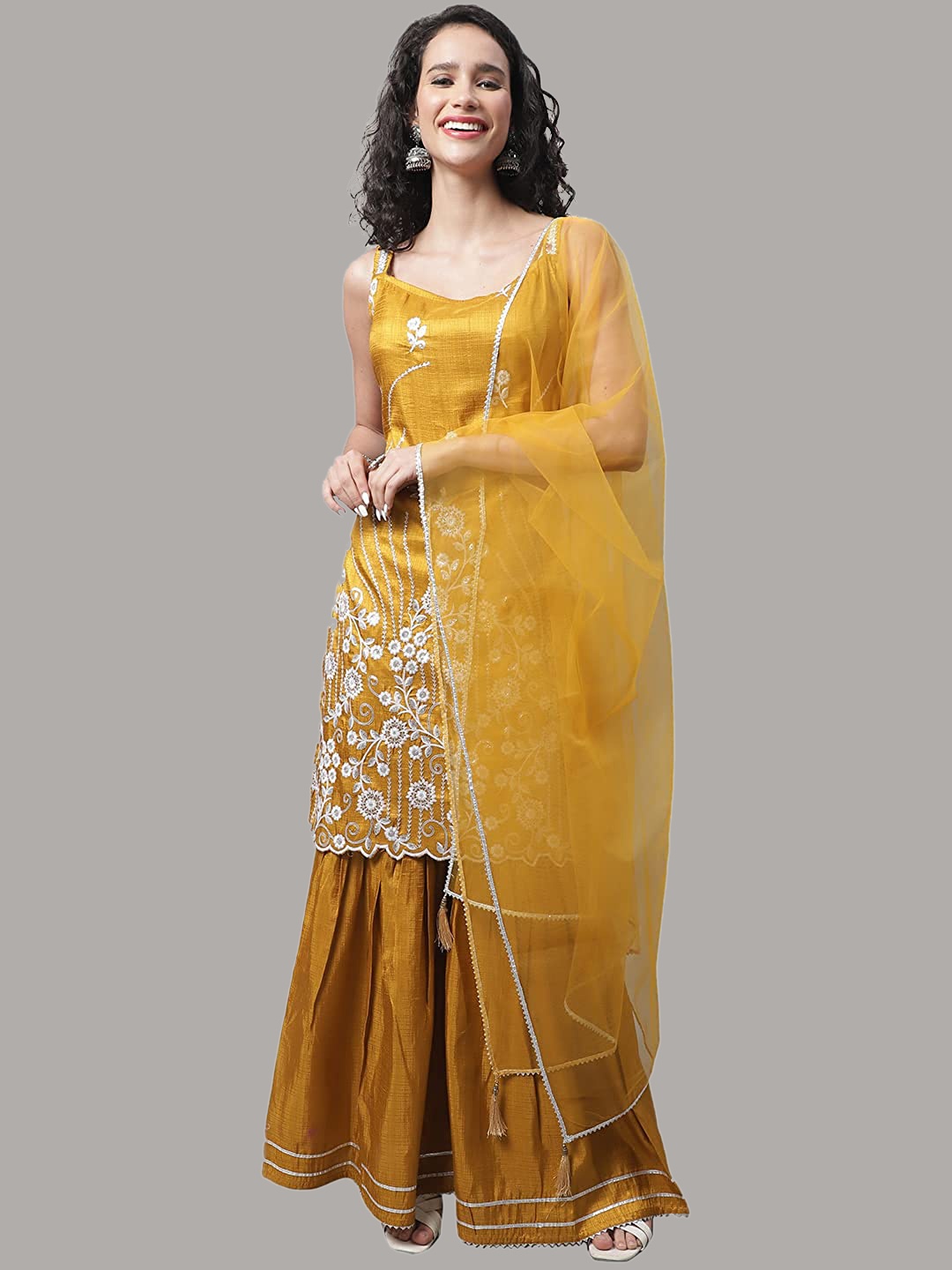 

KALINI Floral Embroidered Regular Kurta With Sharara & Dupatta, Mustard