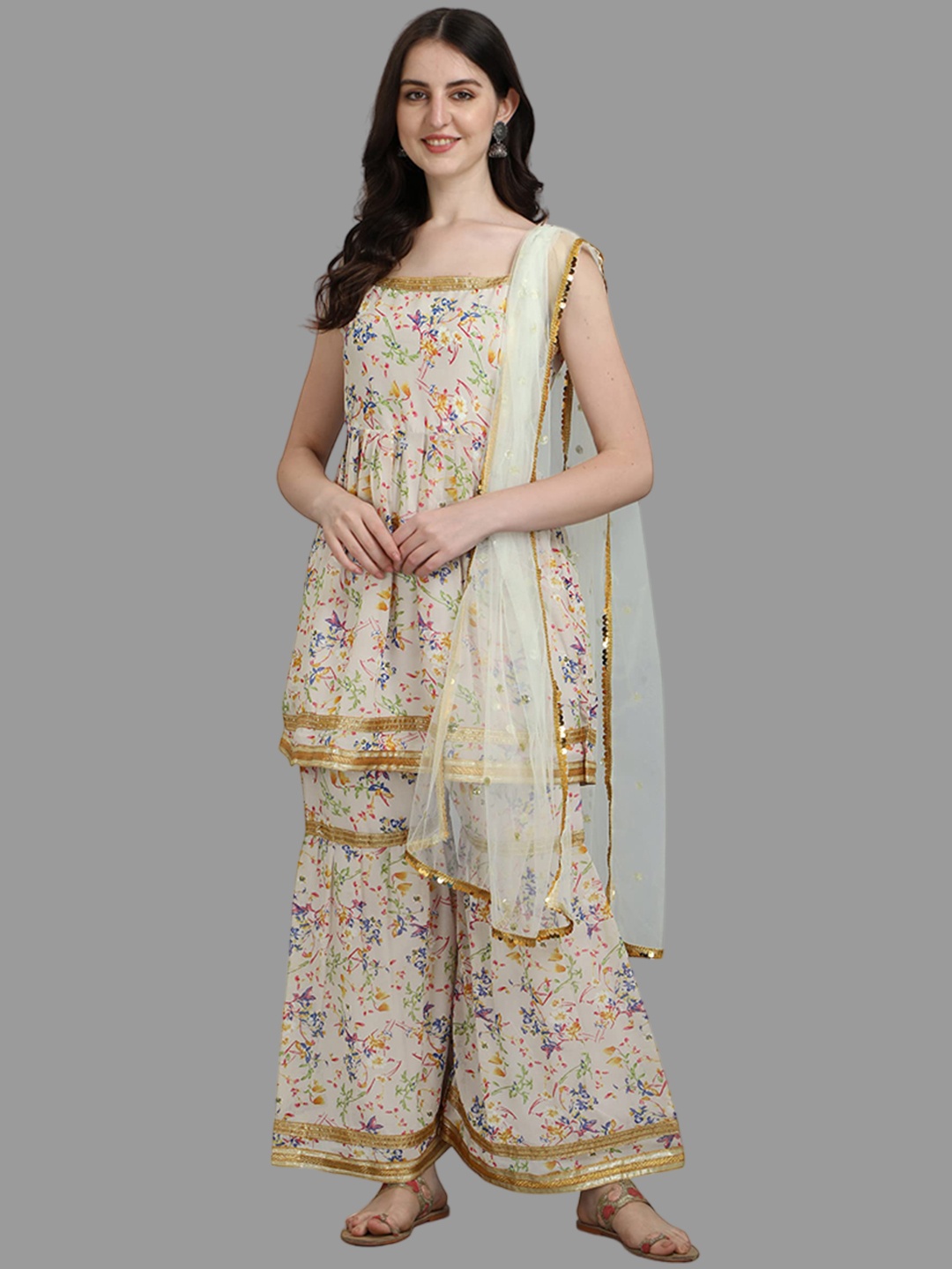 

KALINI Floral Printed Sleeveless Gotta Patti Georgette Kurta With Sharara & Dupatta, Cream