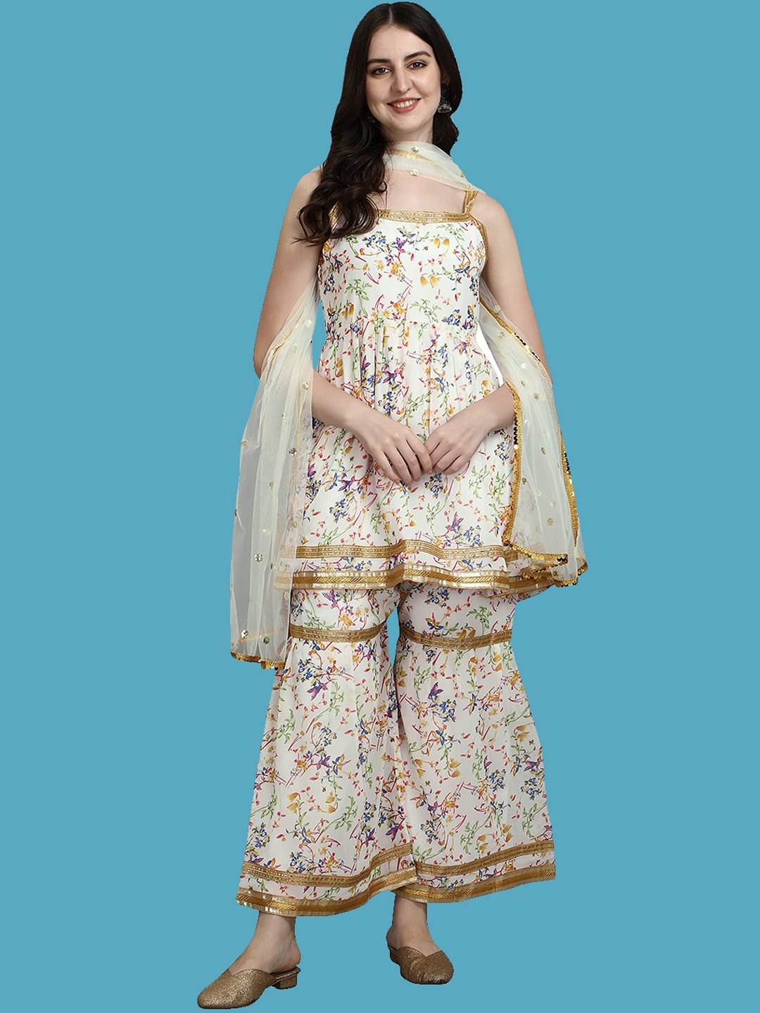 

KALINI Floral Printed Gotta Patti Pleated A-Line Kurti with Sharara & Dupatta, White