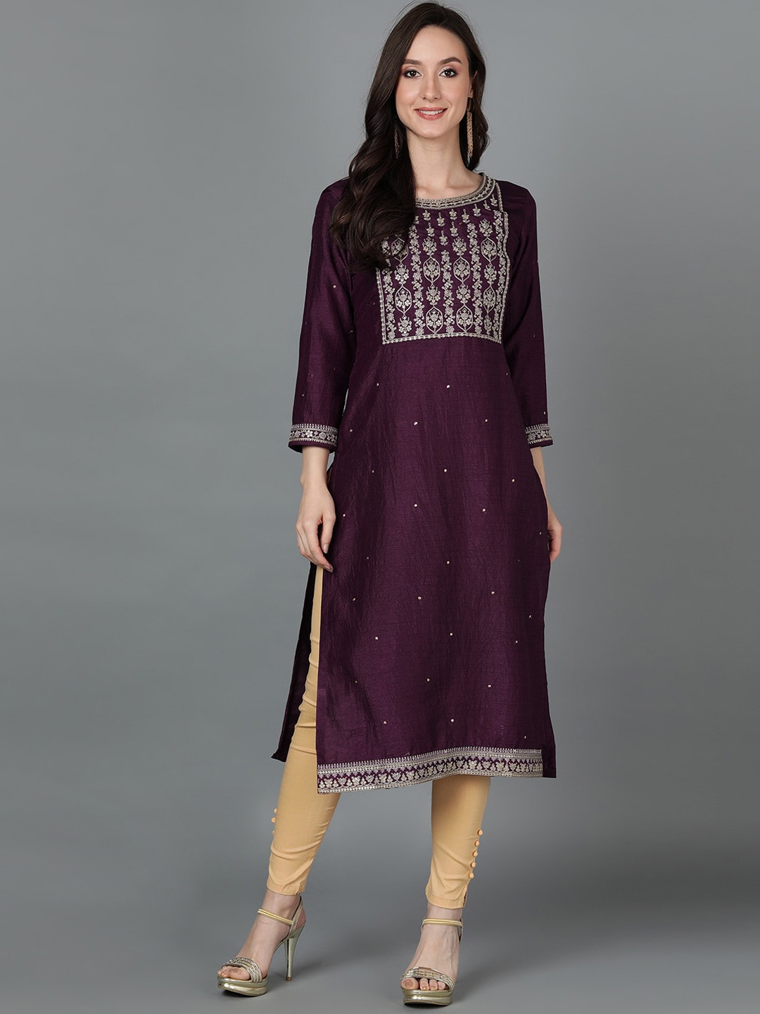 

AHIKA Purple Ethnic Embroidered Thread Work Straight Kurta